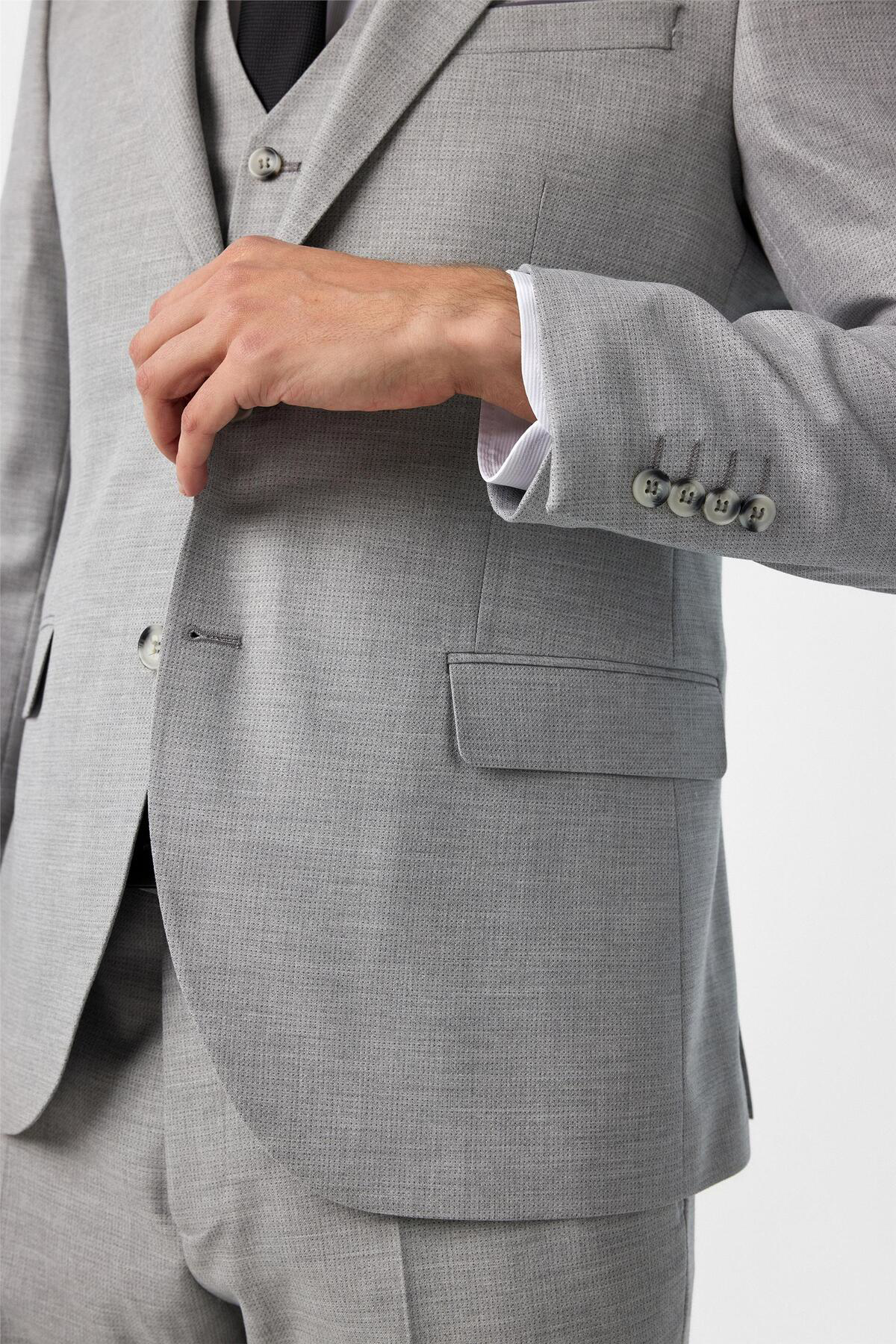 Süvari Gri Slim Fit Desenli Mono Yaka 6 Drop Yelekli Klasik Takım Elbise