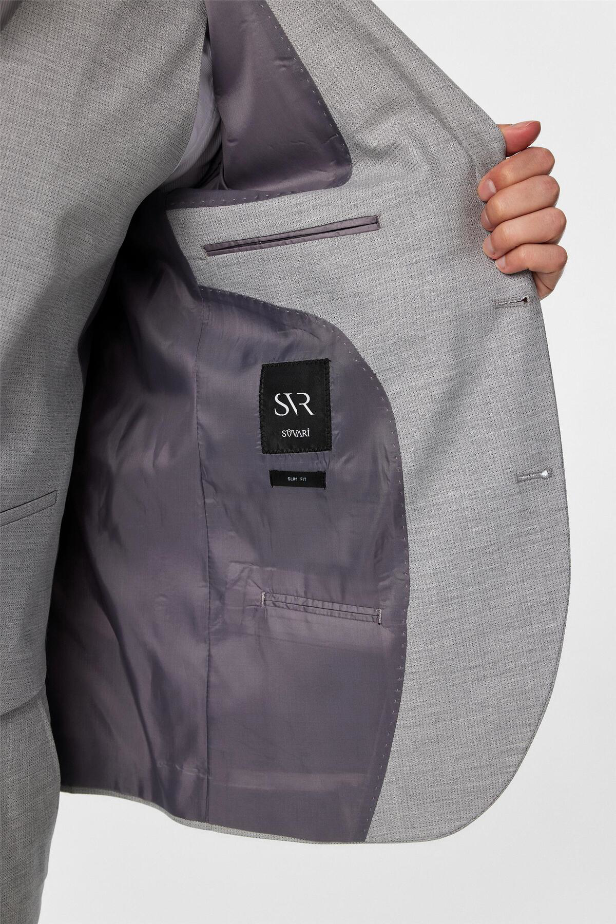 Süvari Gri Slim Fit Desenli Mono Yaka 6 Drop Yelekli Klasik Takım Elbise