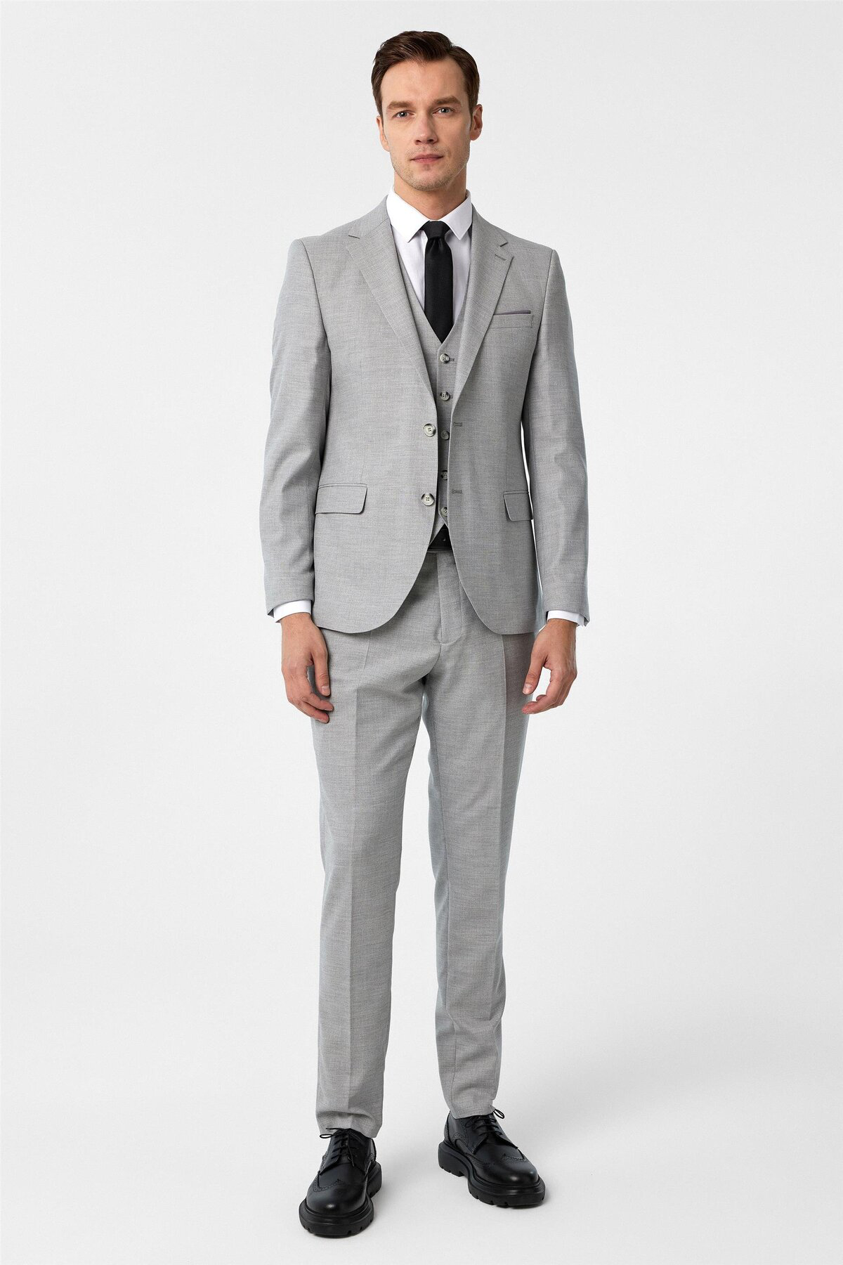 Süvari Gri Slim Fit Desenli Mono Yaka 6 Drop Yelekli Klasik Takım Elbise