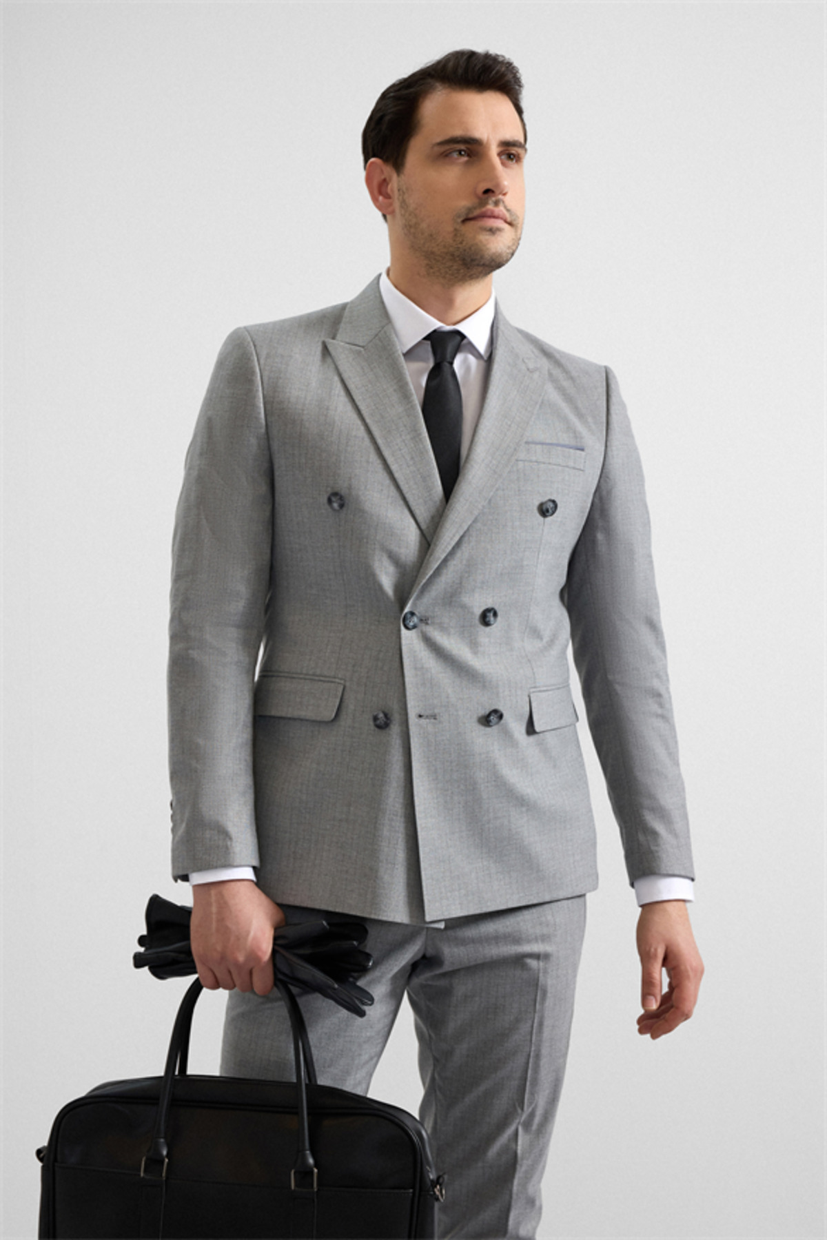 Gri Slim Kruvaze Yaka 6 Drop Takım Elbise