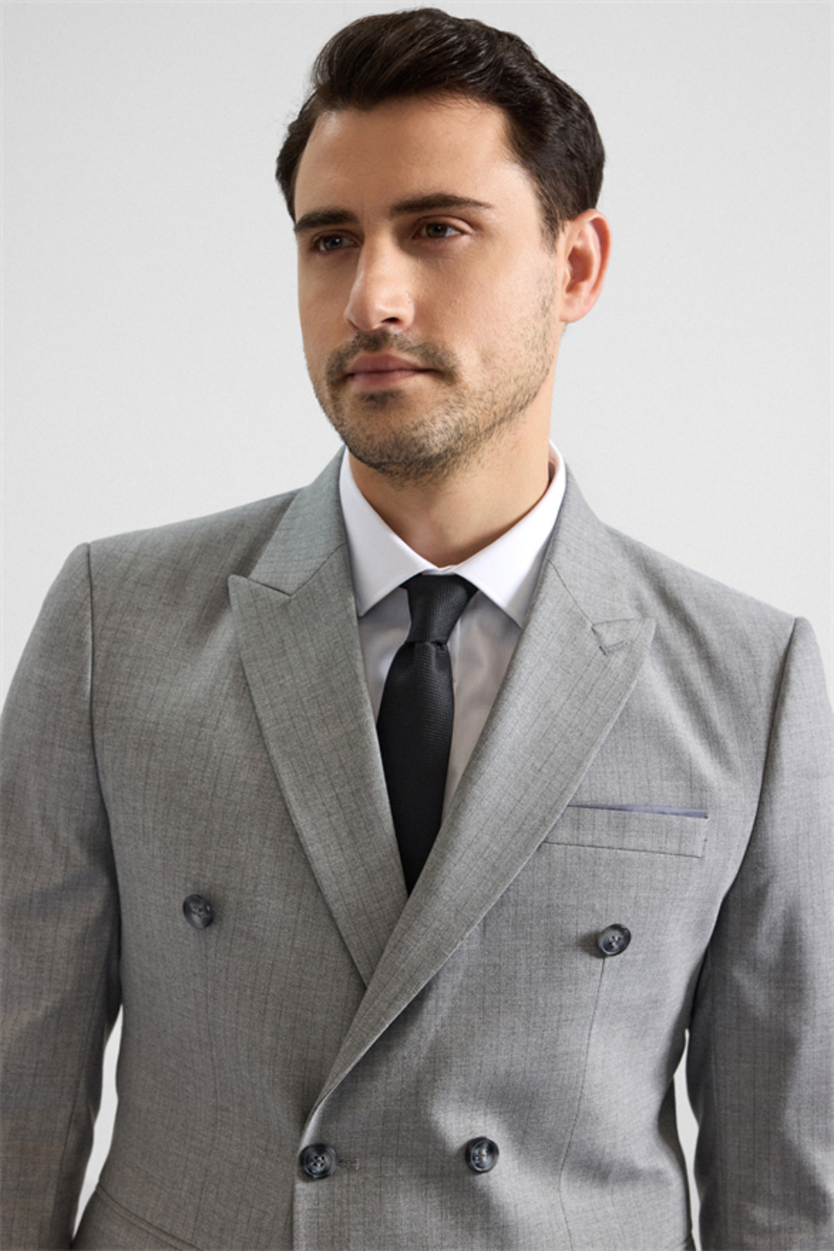 Gri Slim Kruvaze Yaka 6 Drop Takım Elbise