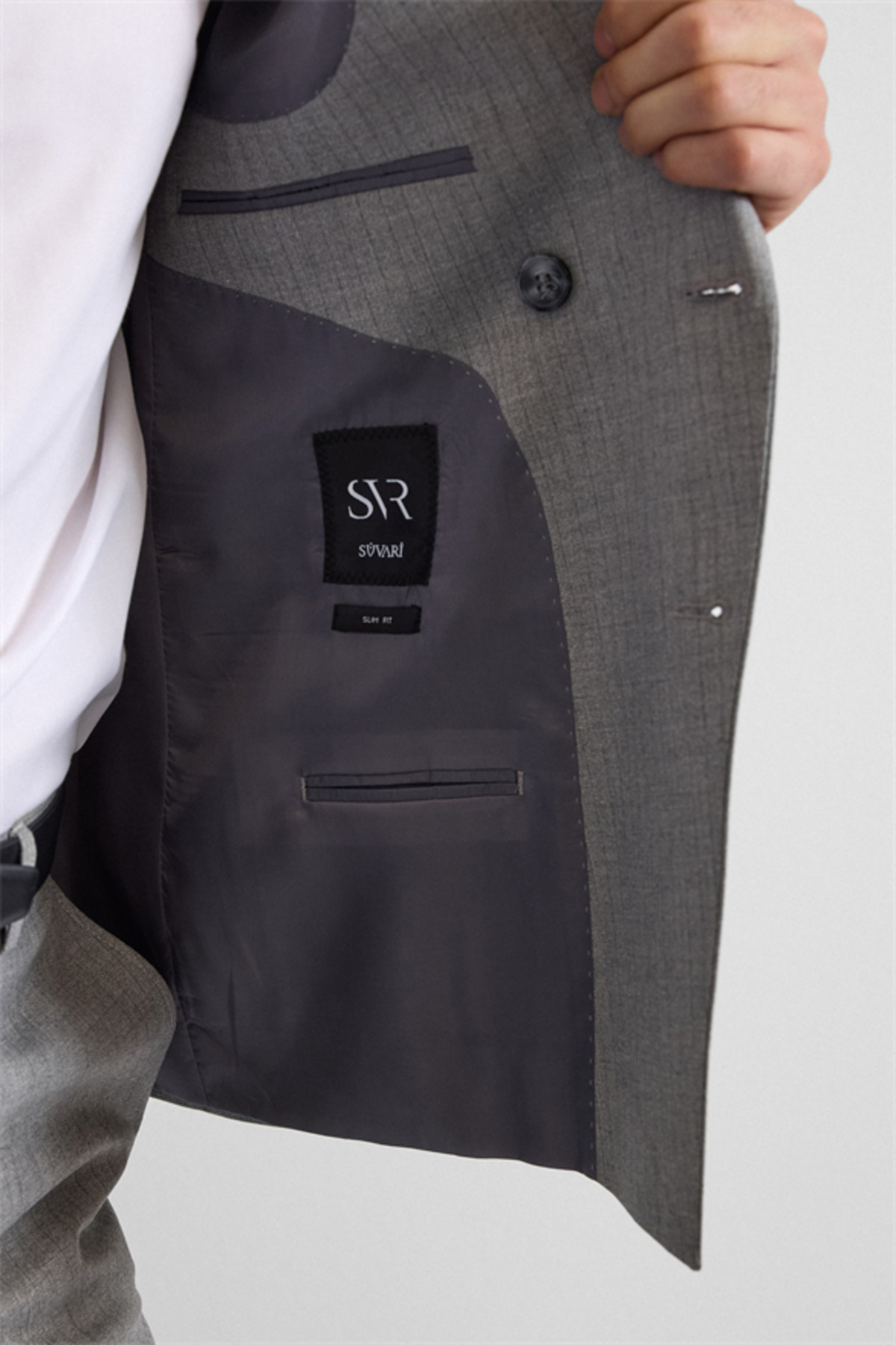 Gri Slim Kruvaze Yaka 6 Drop Takım Elbise