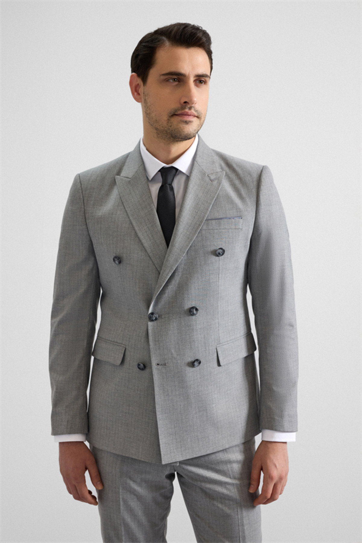 Gri Slim Kruvaze Yaka 6 Drop Takım Elbise