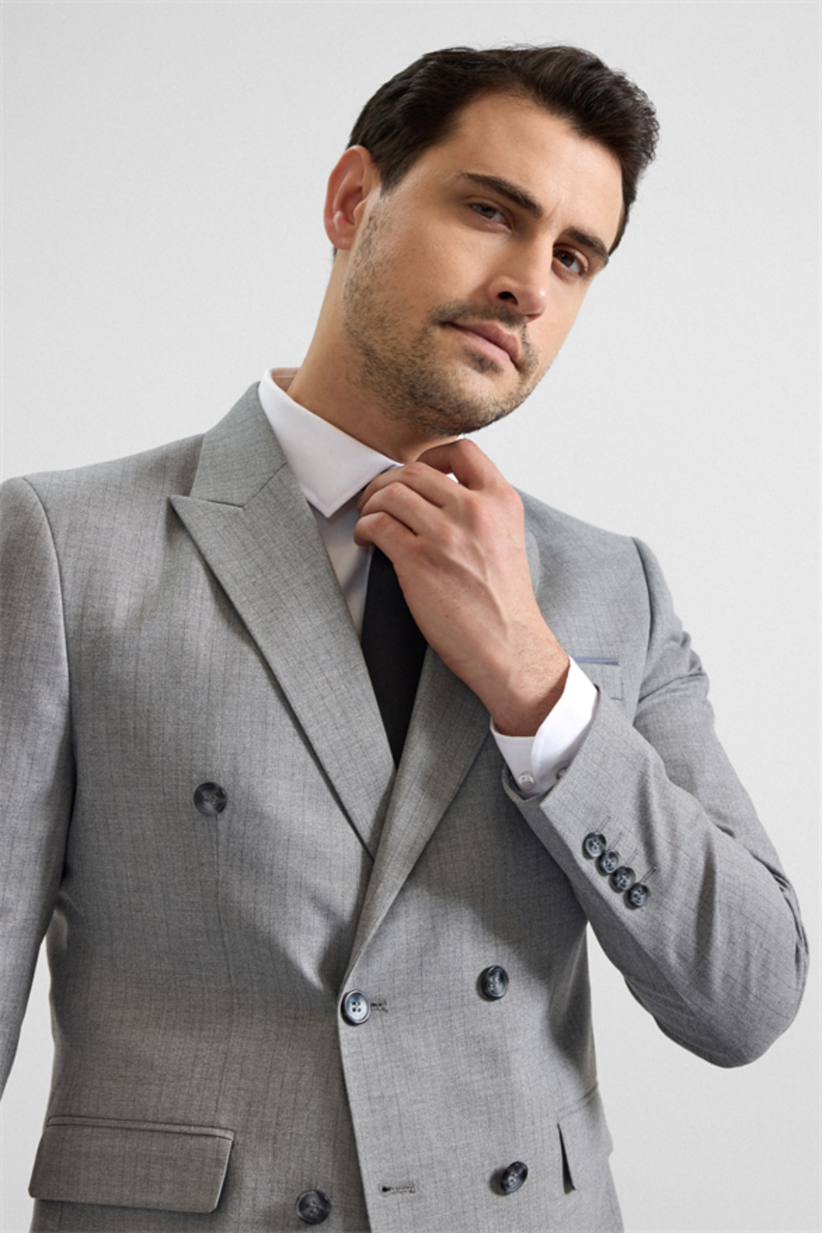 Gri Slim Kruvaze Yaka 6 Drop Takım Elbise