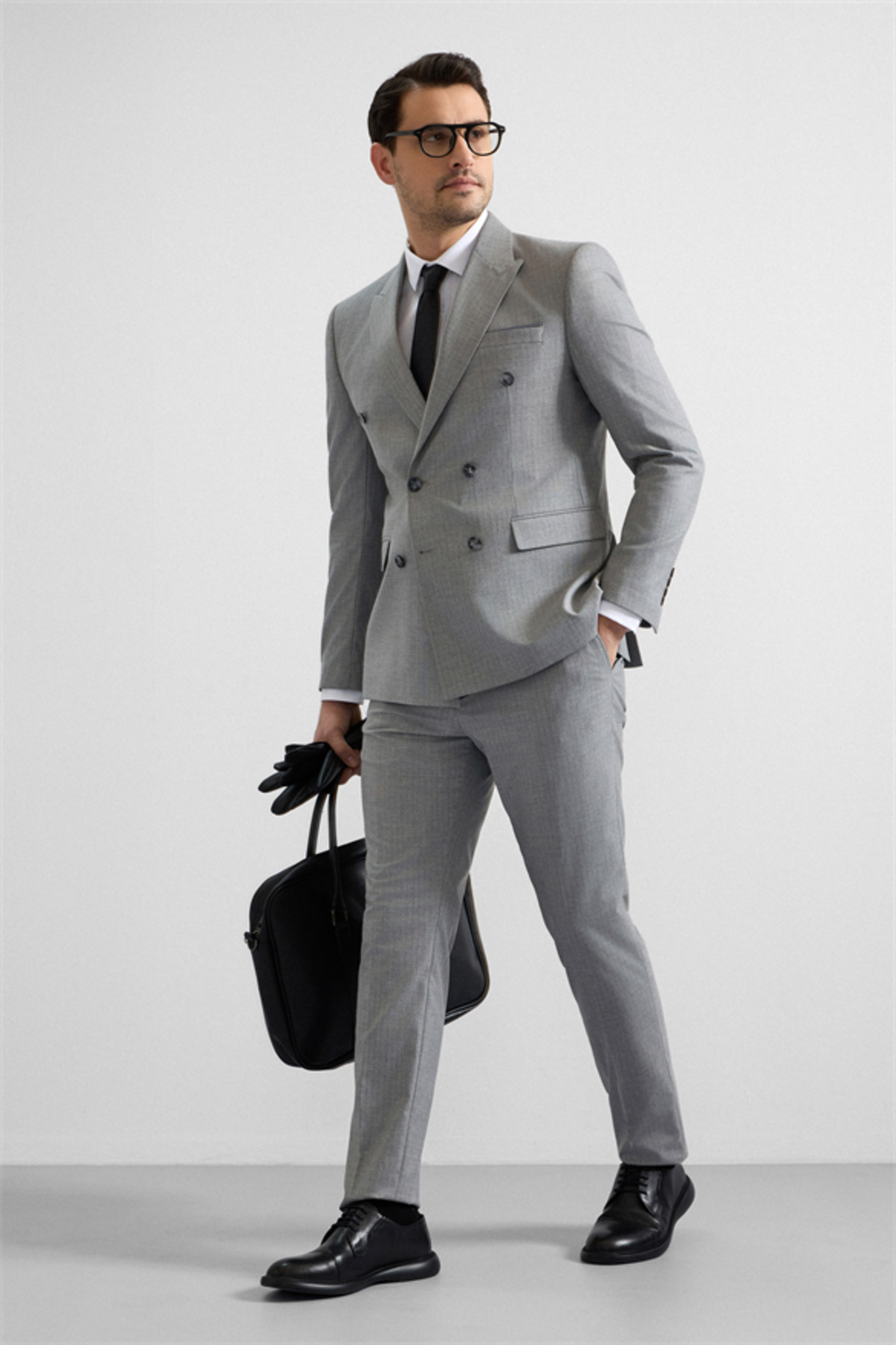 Gri Slim Kruvaze Yaka 6 Drop Takım Elbise