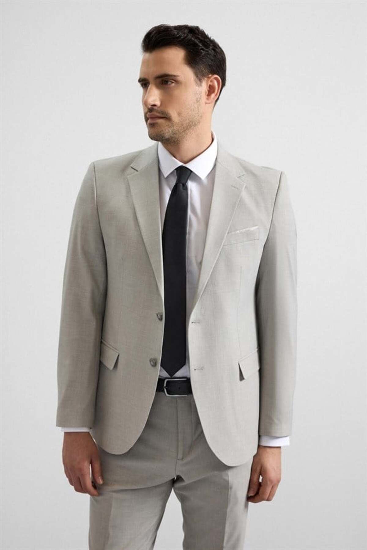 Gri Slim Sivri Yaka 6 Drop Takım Elbise