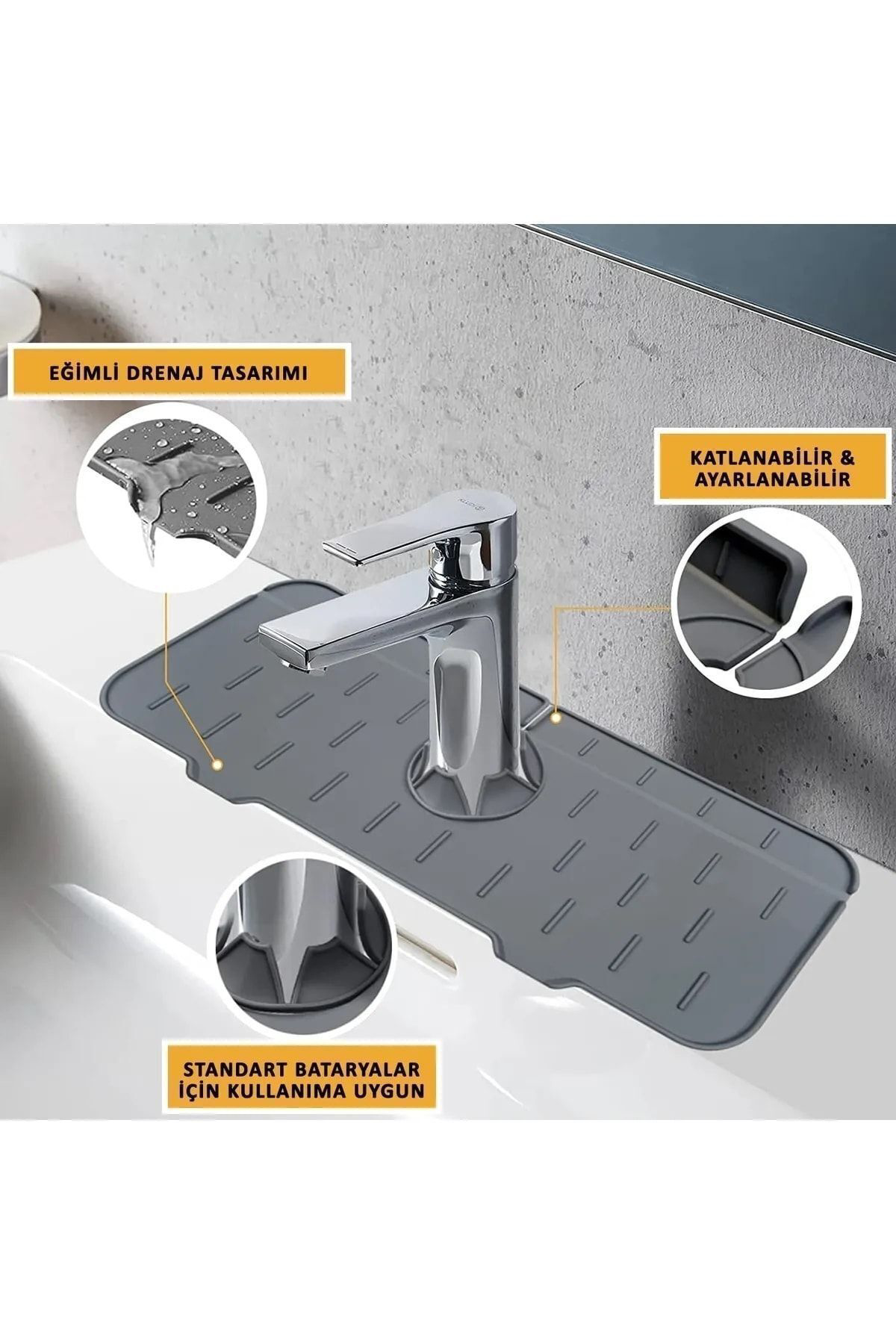 Gri Su Tutucu Musluk Matı Mutfak Banyo Için Koruyucu Musluk Lavab