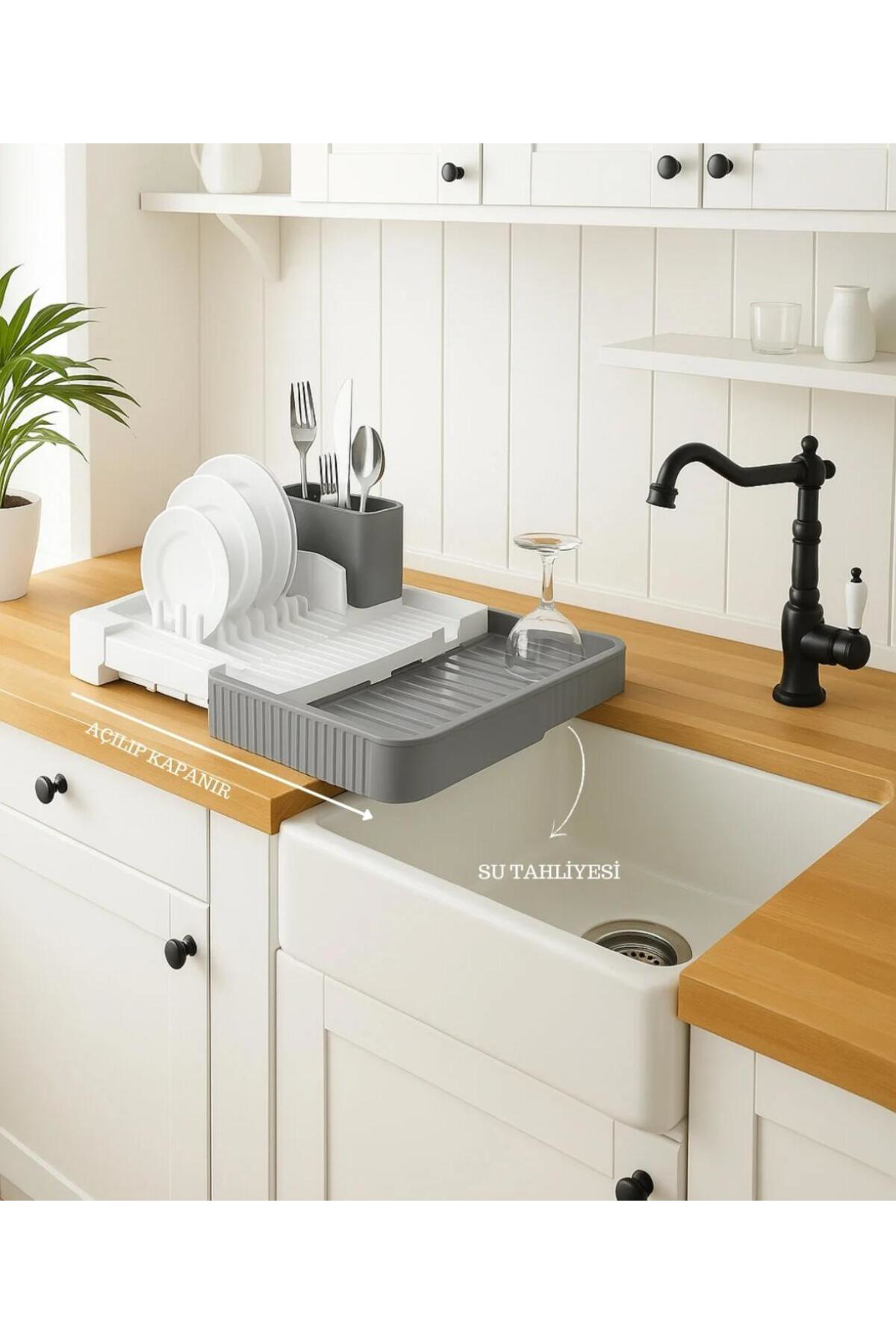 GRİ Sürgülü Bulaşıklık – Ayarlanabilir Paslanmaz Plastik Bulaşık 