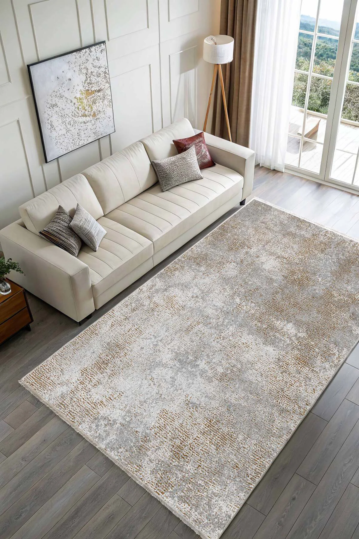 Gri Vizon Abstract Şönil Halı Kilim Yolluk Saçaklı Kaymaz Yıkanab