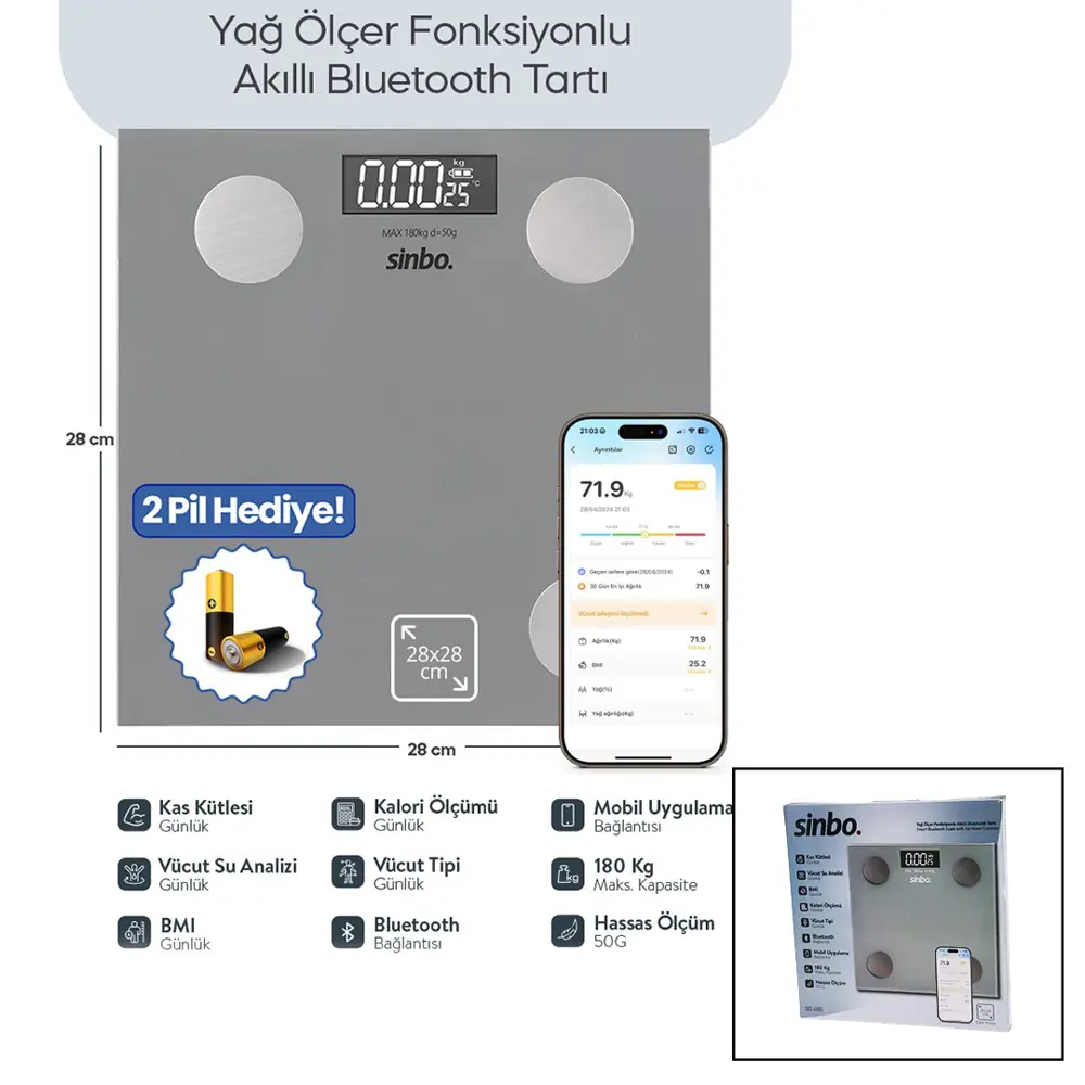 GRİ YAĞ ÖLÇER AKILLI BLUETOOTH CAM BASKÜL PİLLİ 180KG/50GR 28X28C