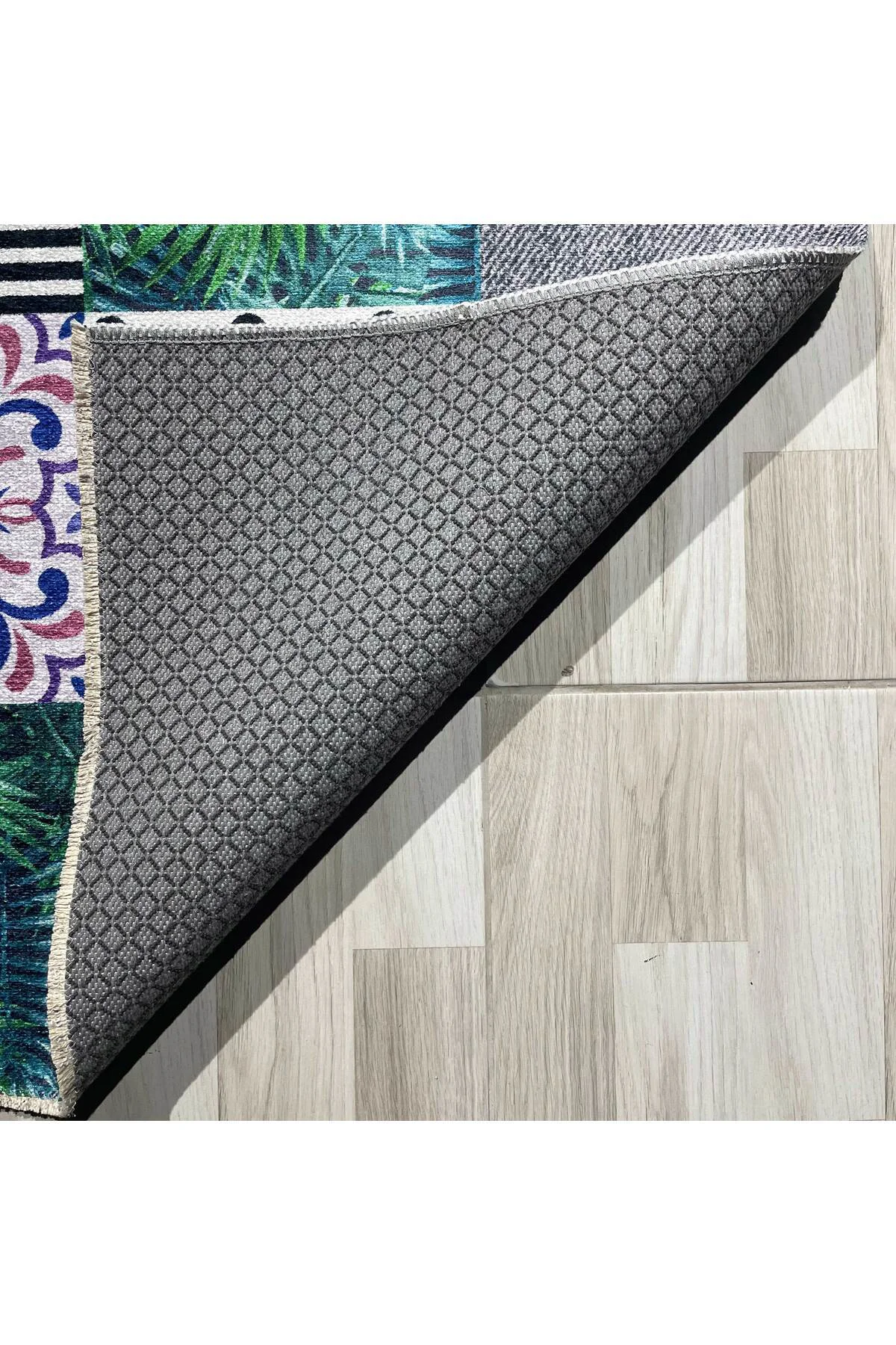 Gri Yeşil Çiçekli Patchwork Şönil Halı Kilim Yolluk Kaymaz Yıkana
