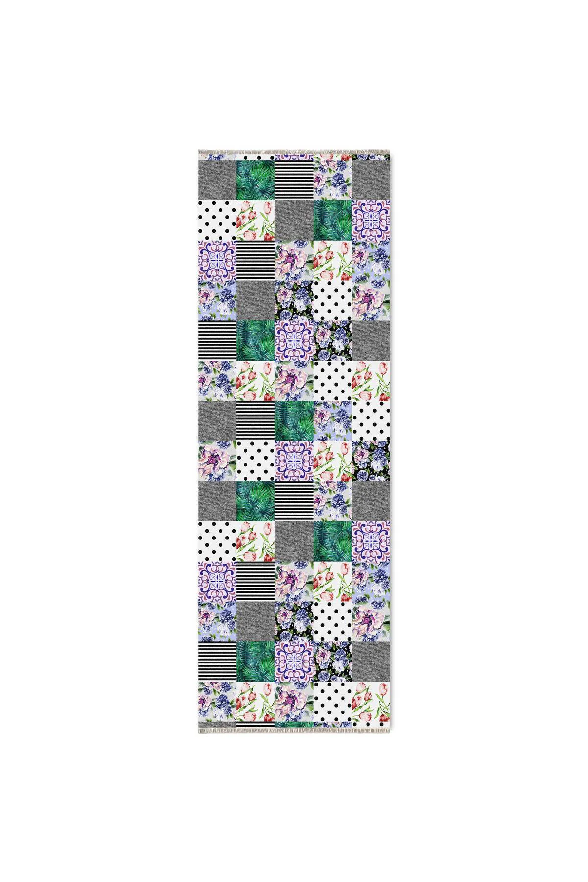 Gri Yeşil Çiçekli Patchwork Şönil Halı Kilim Yolluk Kaymaz Yıkana