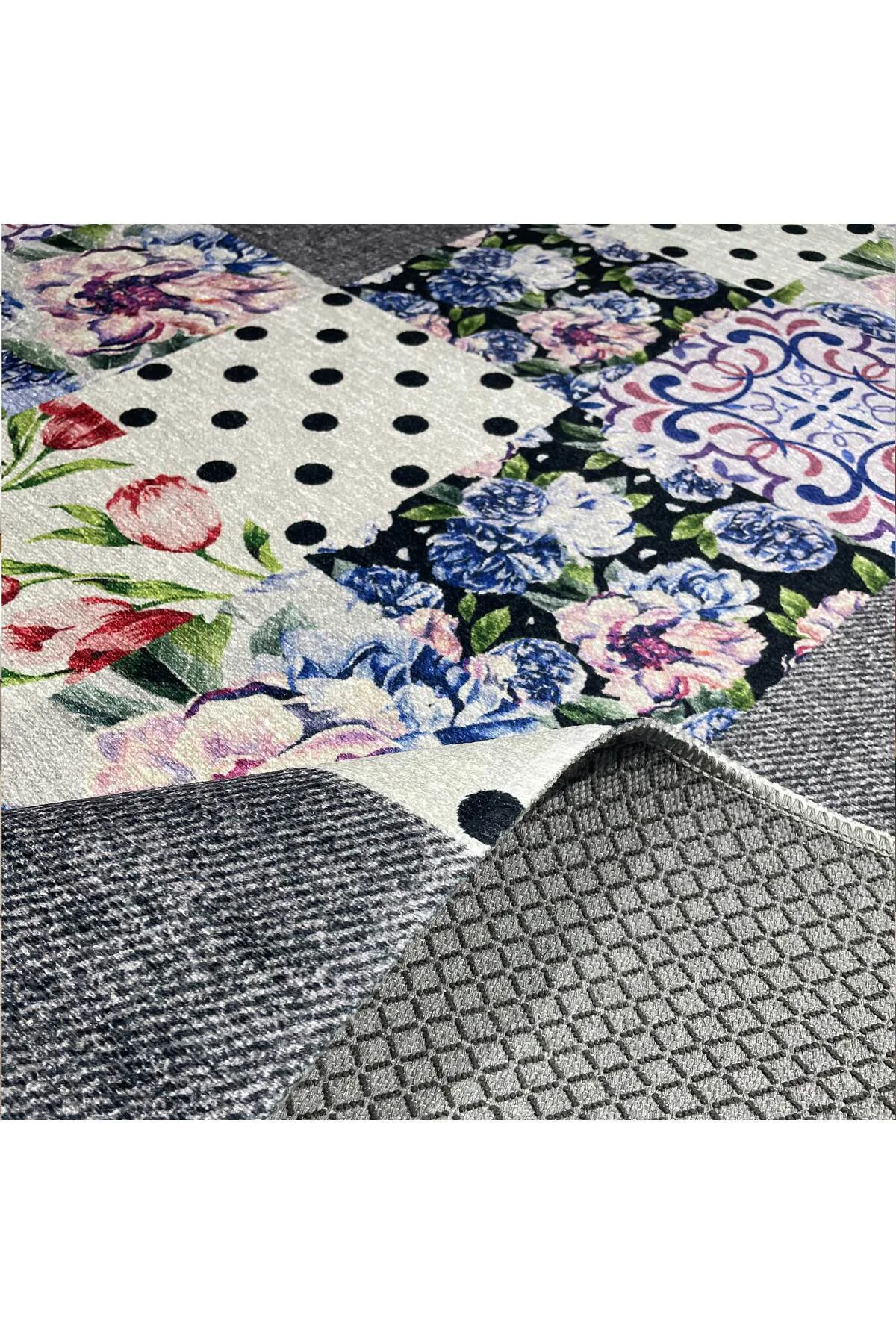 Gri Yeşil Çiçekli Patchwork Şönil Halı Kilim Yolluk Kaymaz Yıkana