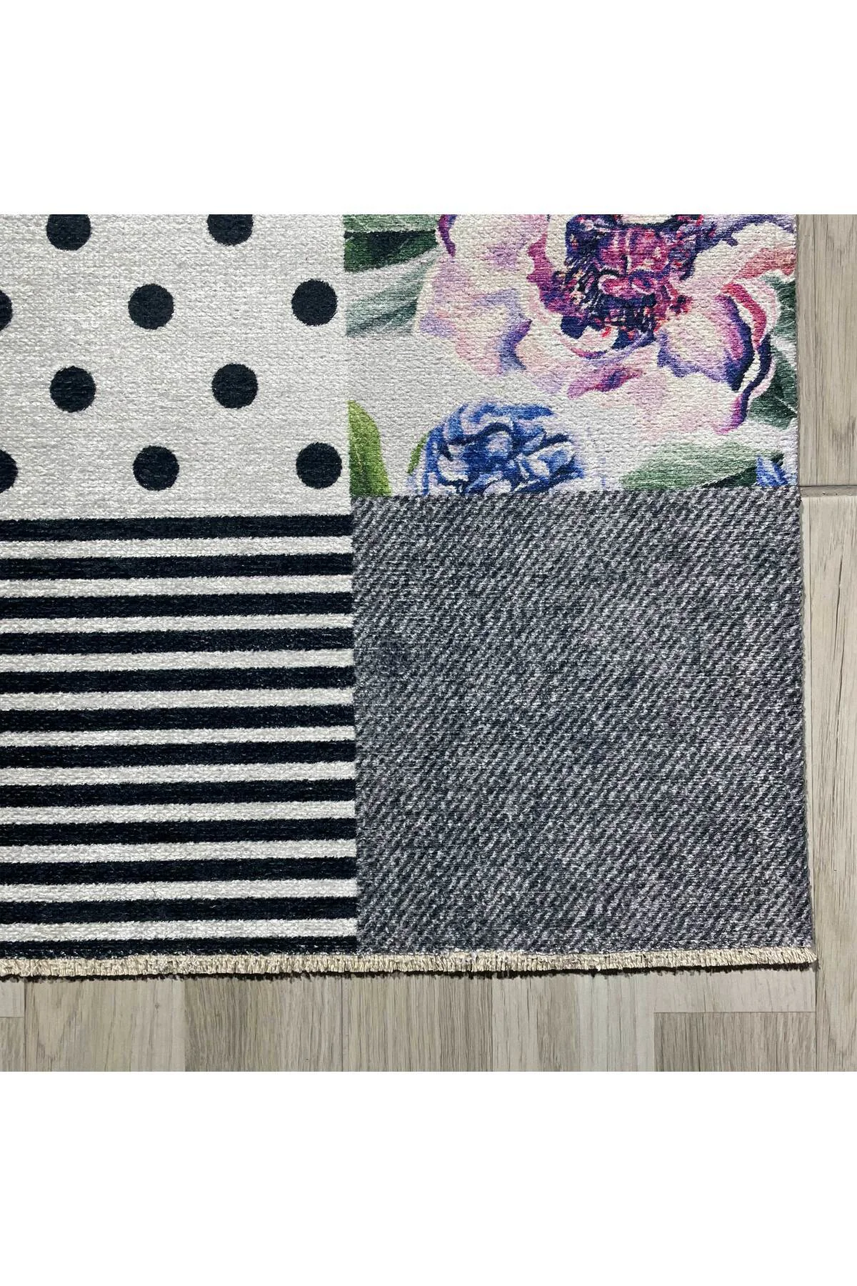 Gri Yeşil Çiçekli Patchwork Şönil Halı Kilim Yolluk Kaymaz Yıkana