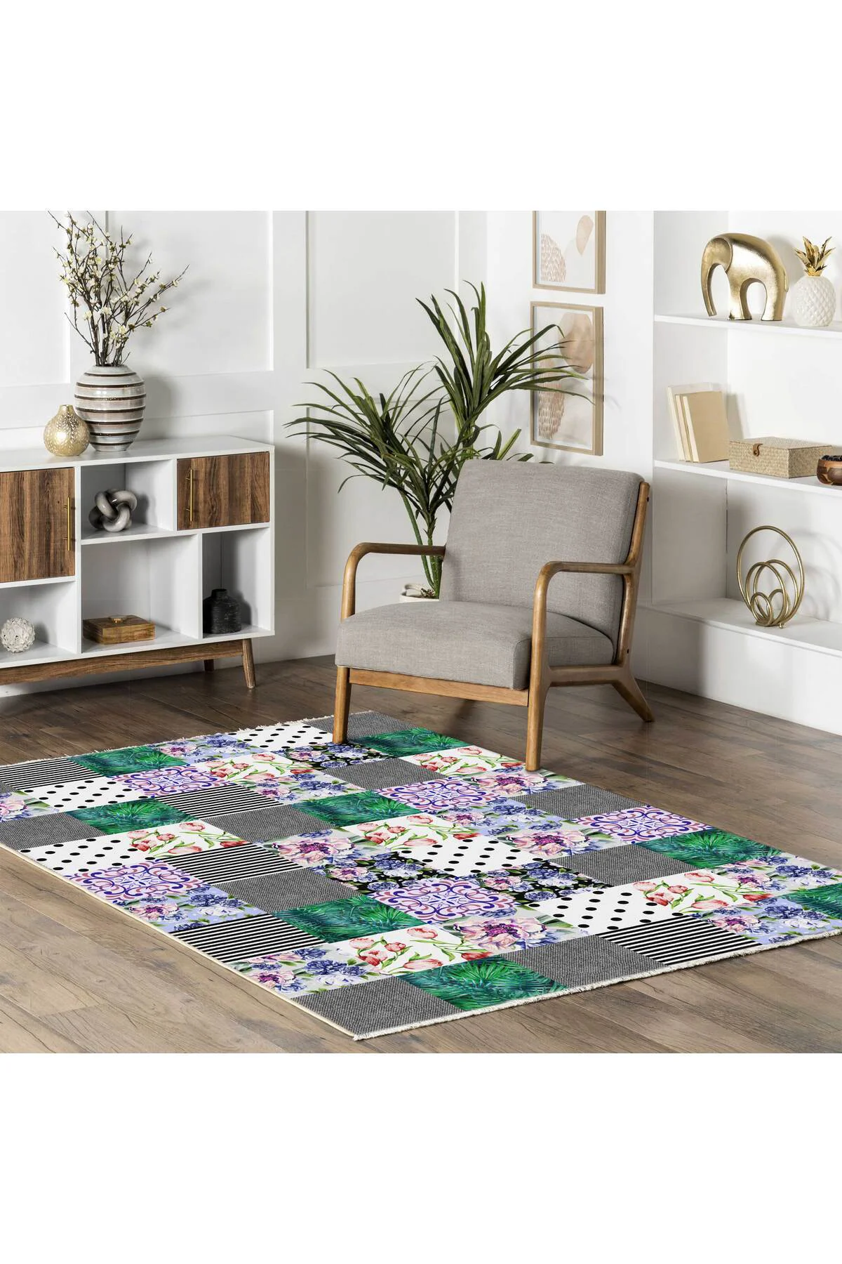 Gri Yeşil Çiçekli Patchwork Şönil Halı Kilim Yolluk Kaymaz Yıkana