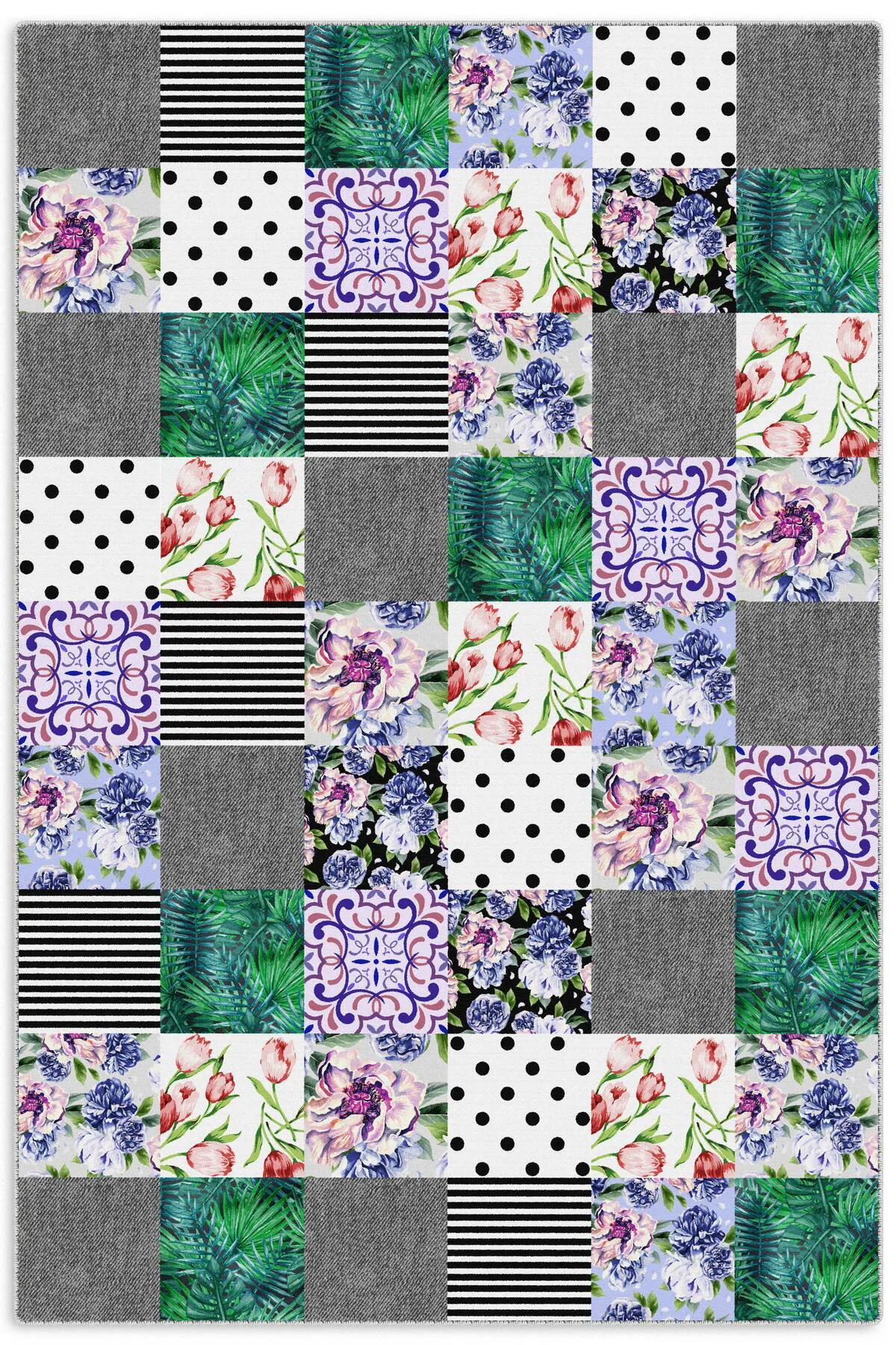 Gri Yeşil Çiçekli Patchwork Şönil Halı Kilim Yolluk Kaymaz Yıkana