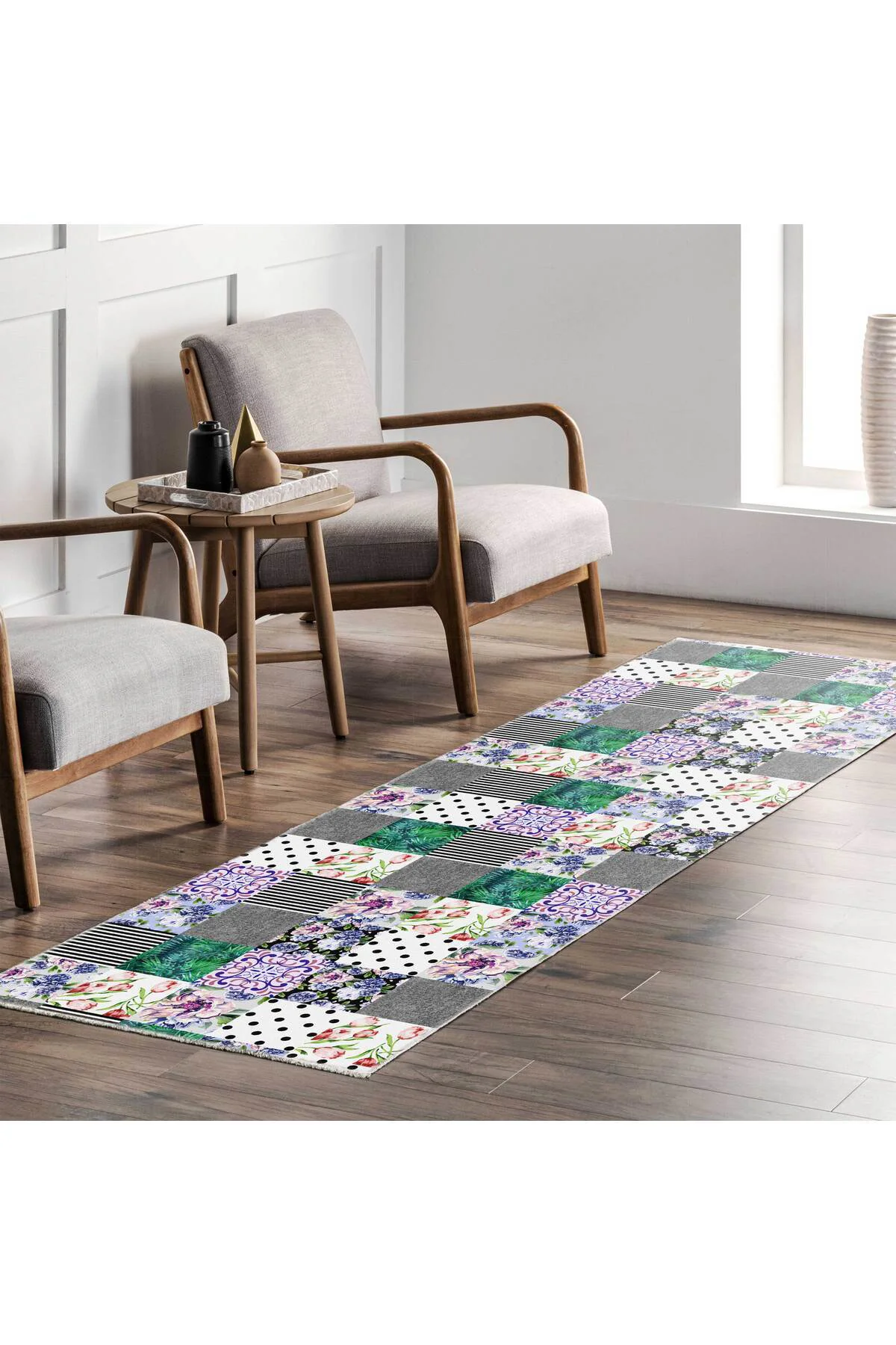 Gri Yeşil Çiçekli Patchwork Şönil Halı Kilim Yolluk Kaymaz Yıkana