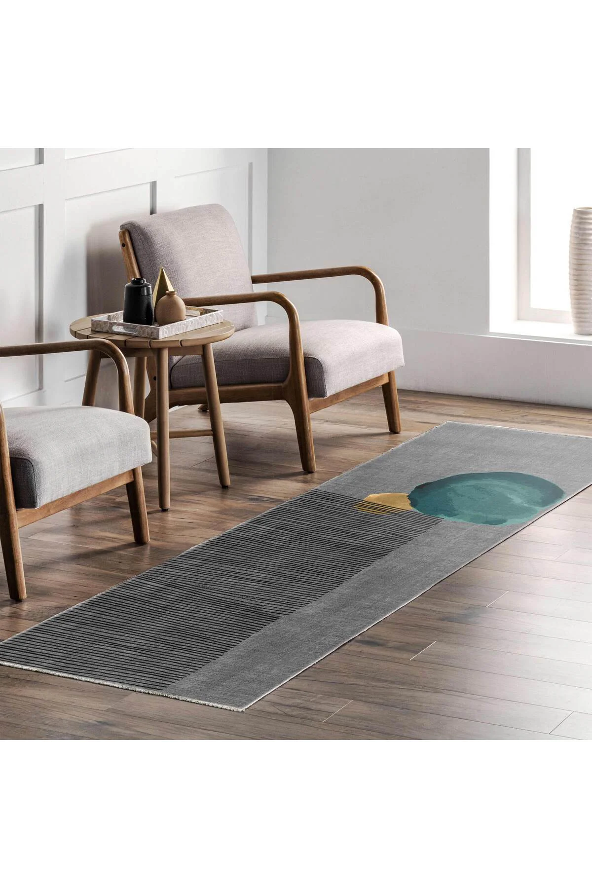 Gri Yeşil Modern Şönil Halı Kilim Yolluk Kaymaz Yıkanabilir Yatak