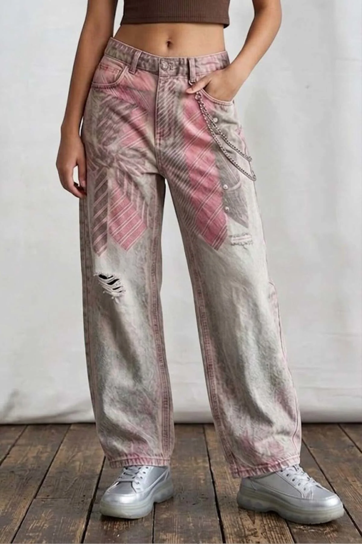 Gri Yıkamalı Pembe Kravat Detaylı Y2K Baggy Pantolon