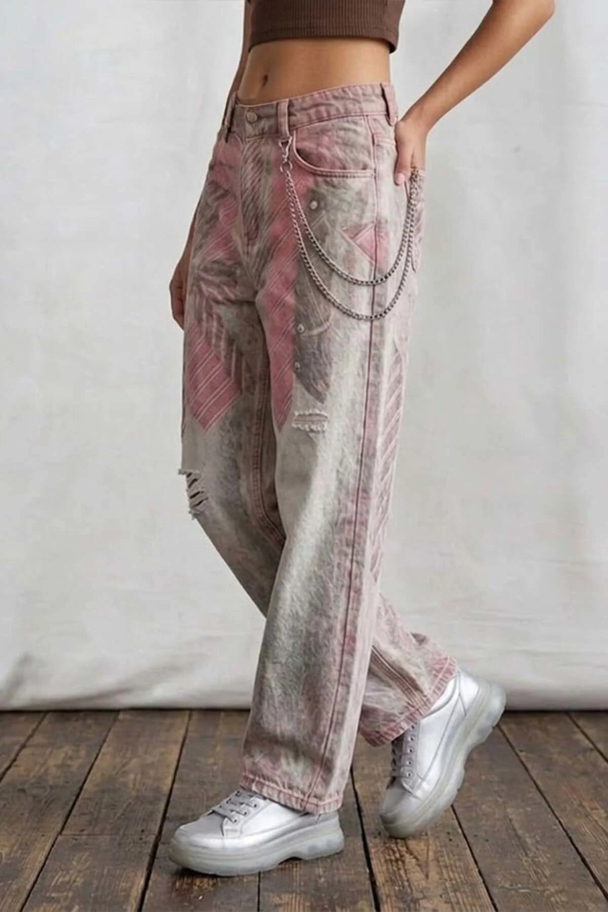 Gri Yıkamalı Pembe Kravat Detaylı Y2K Baggy Pantolon