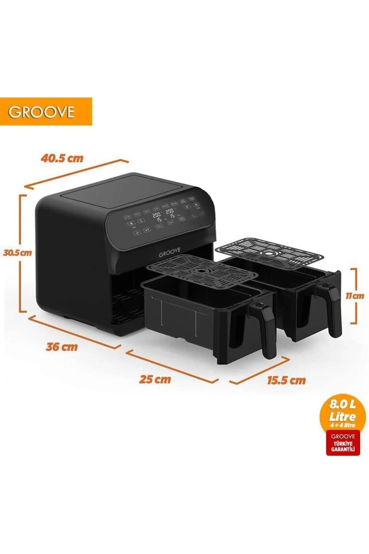 Groove Max Plus XXL 1800W (4Lt+4Lt) 8Lt Çift Hazneli Smart Airfry