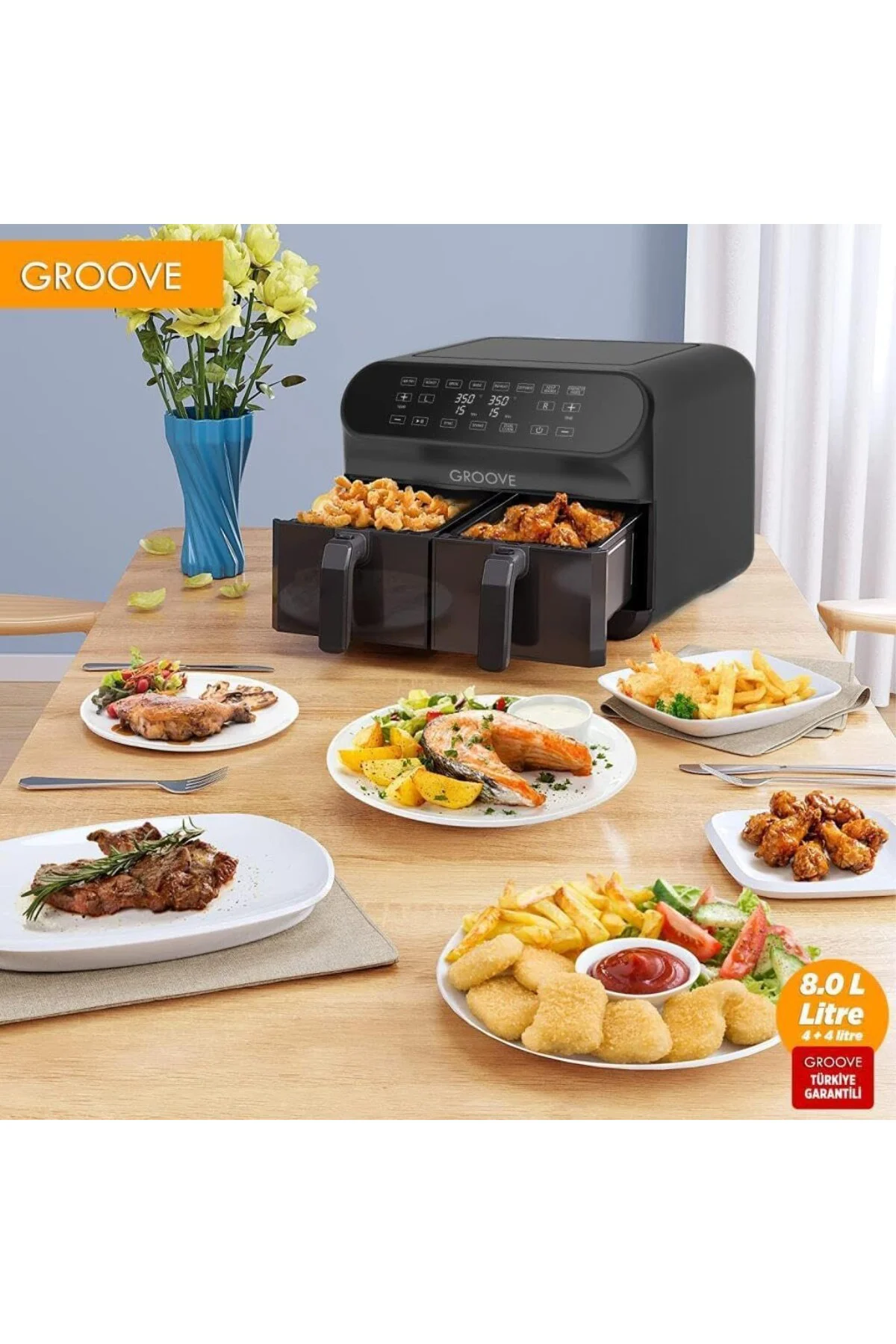 Groove Max Plus XXL 1800W (4Lt+4Lt) 8Lt Çift Hazneli Smart Airfry