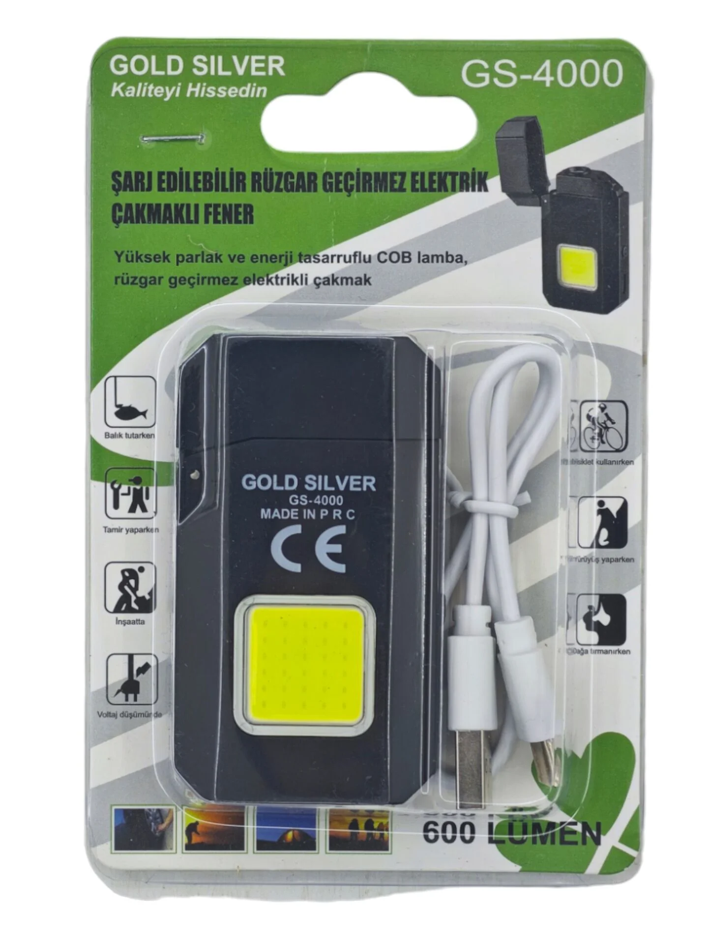 Gs-4000   Gold Sılver Şarjlı Çakmak &amp; 600 Lümen COB Led fener