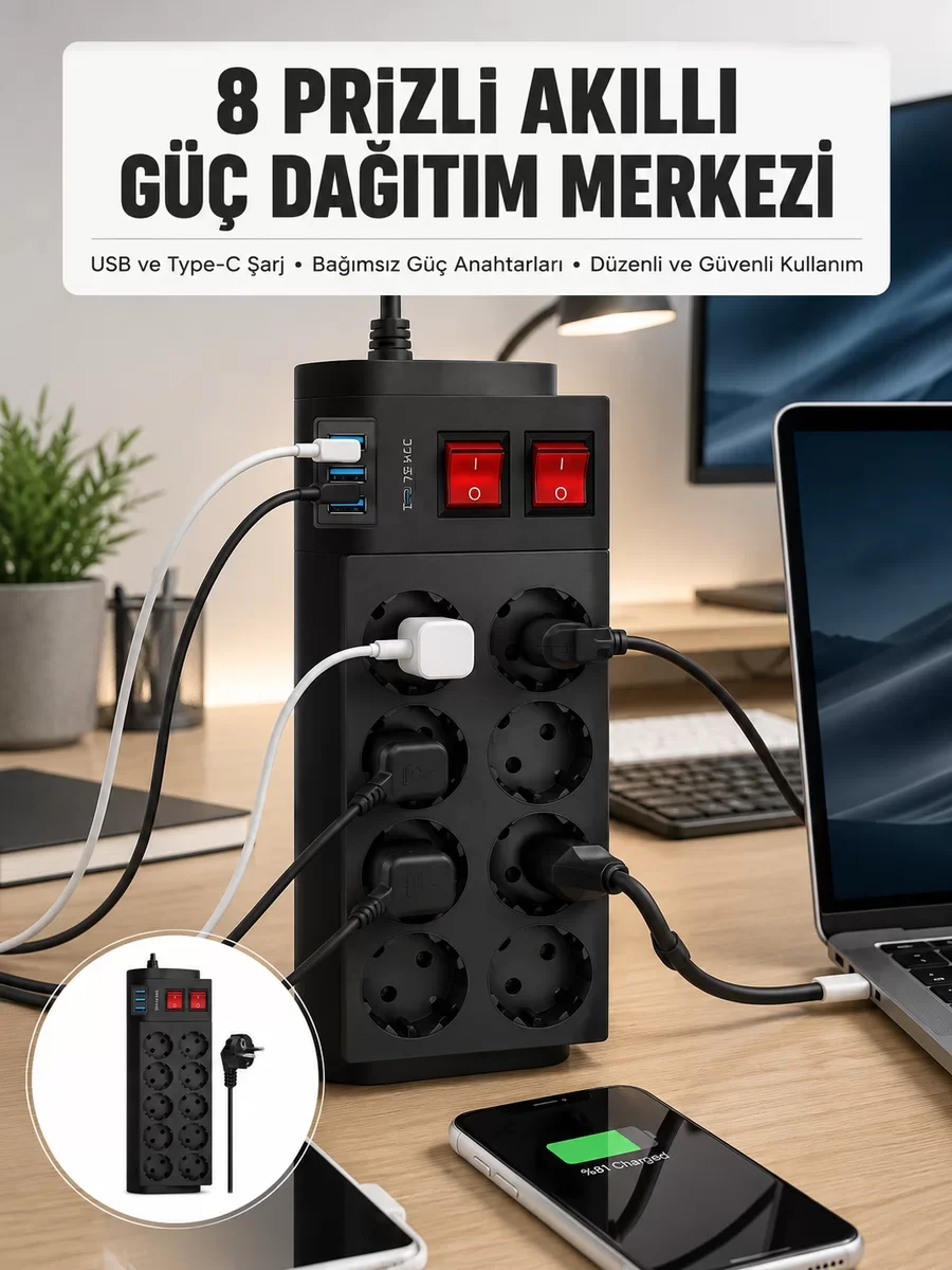 Güçlü Çoklu Priz 8 Soket - 2 Metre Yeni Nesil Güvenli Çözüm