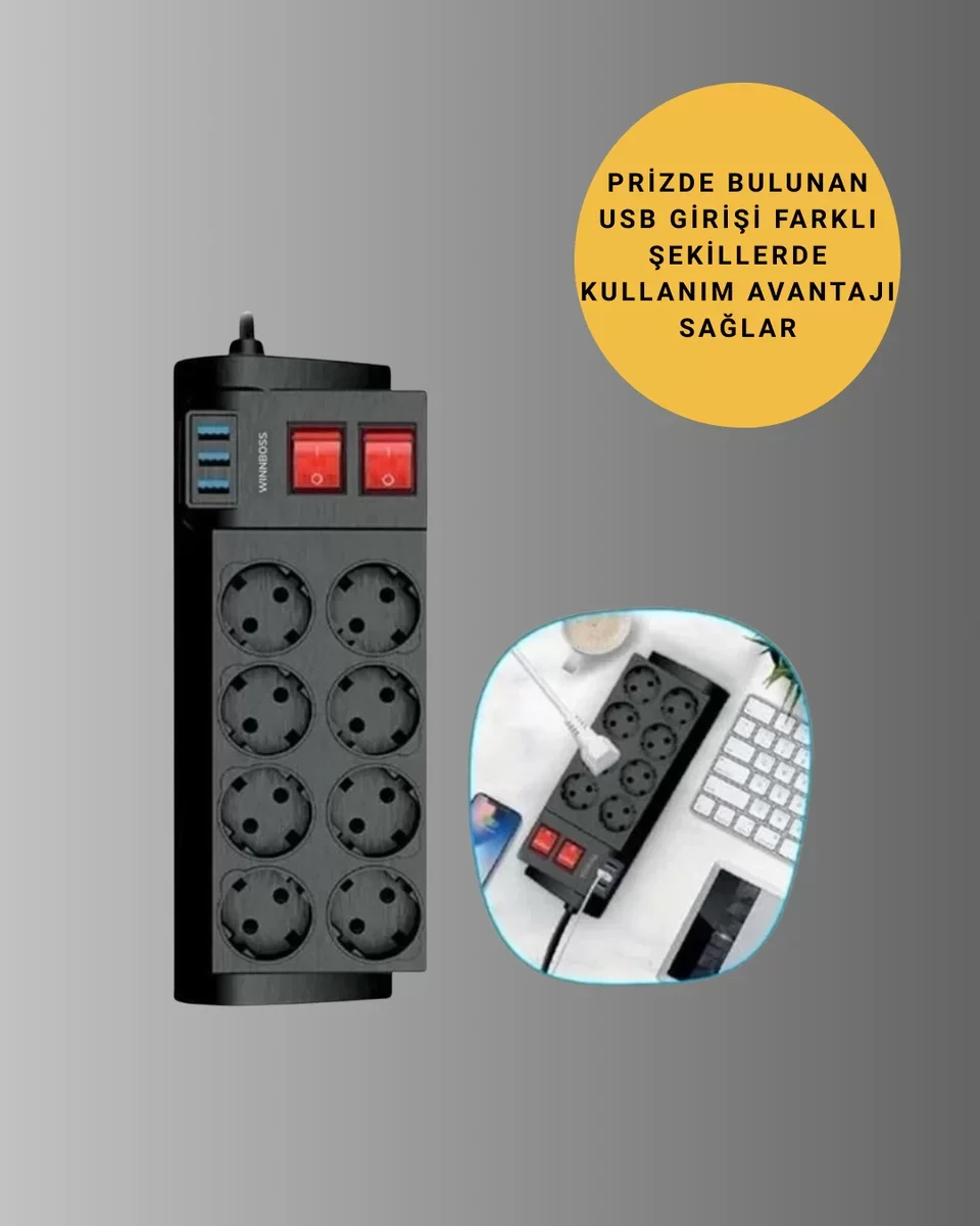 Güçlü Çoklu Priz 8 Soket - 2 Metre Yeni Nesil Güvenli Çözüm