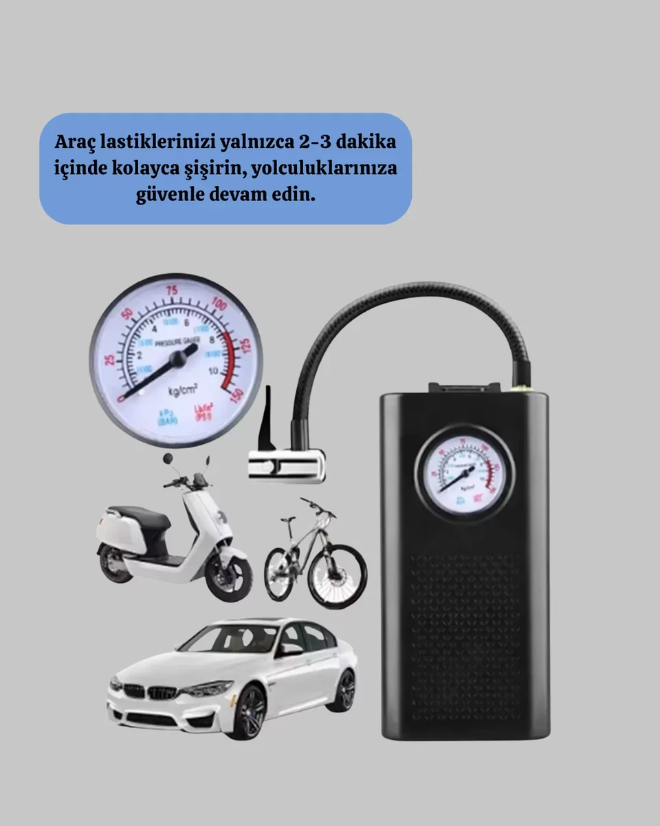Güçlü Elektrikli Lastik Pompası - Motosiklet, Bisiklet ve Otomobil İçin Yeni Nesil Şarjlı Kompresör