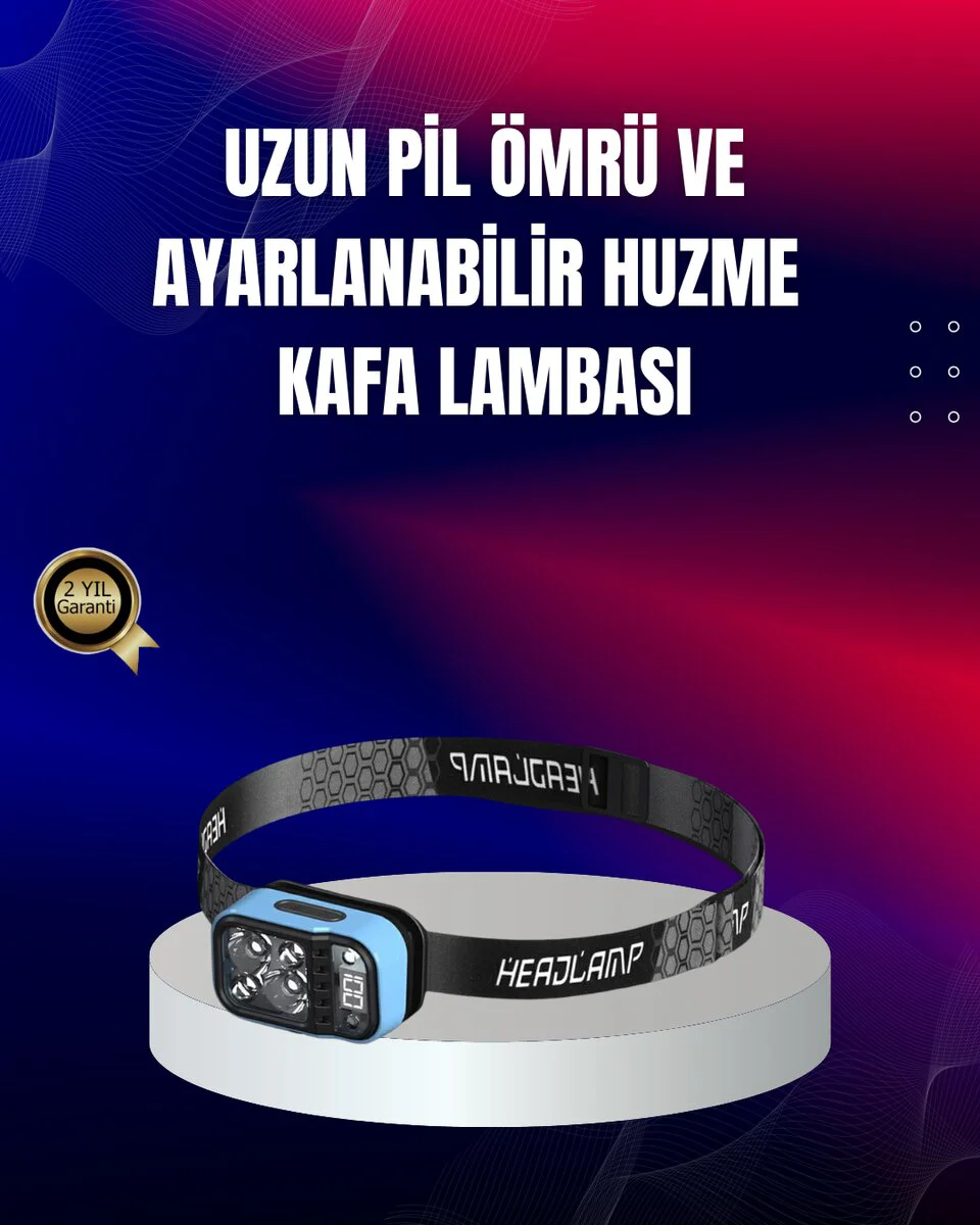 Güçlü LED Kafa Feneri 53 Mod 3 Renk Type-C Şarjlı - Su Geçirmez ve Ergonomik Tasarım