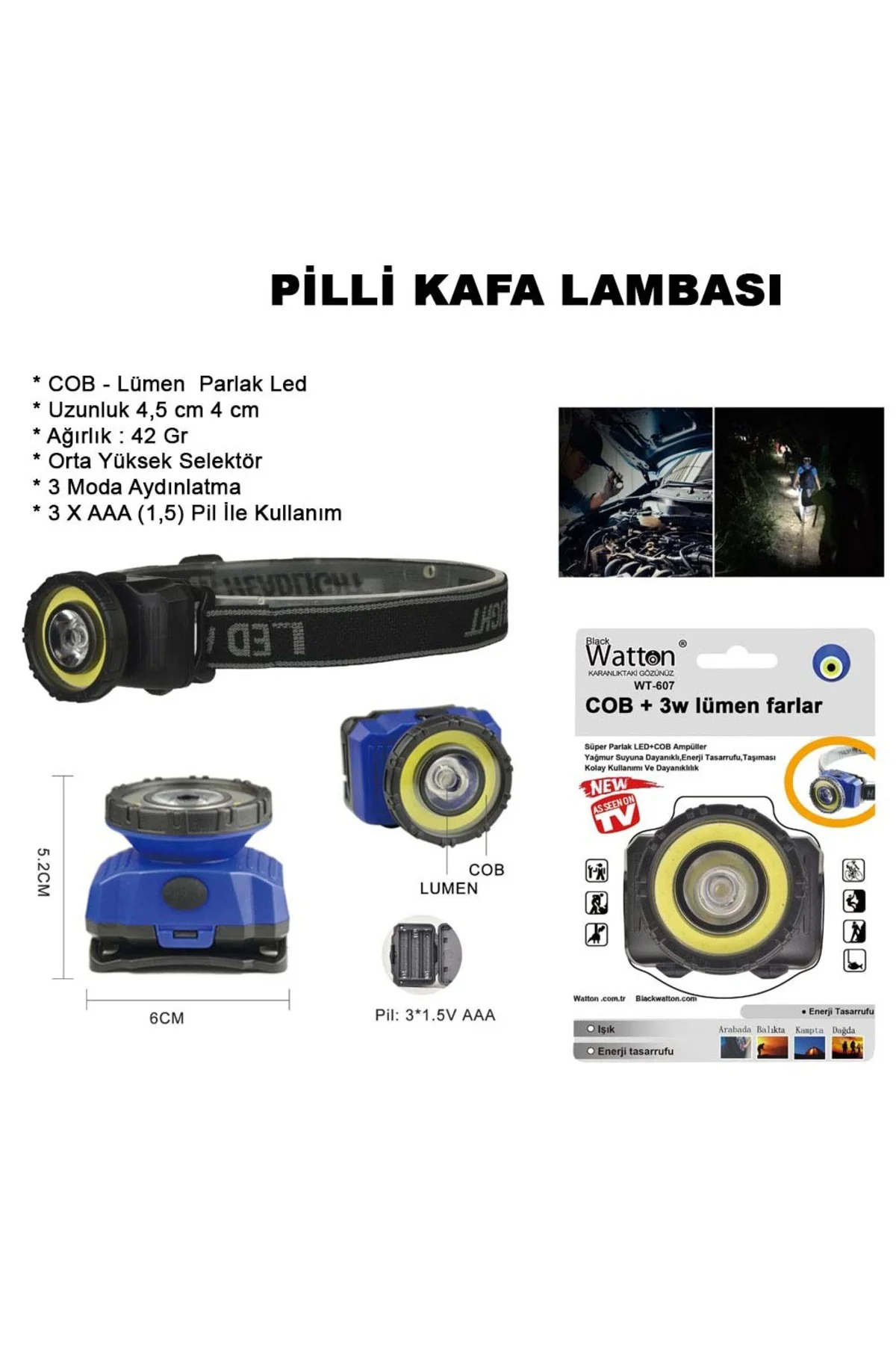 GÜÇLÜ PİLLİ KAFA LAMBASI WATTON WT-607 Siyah