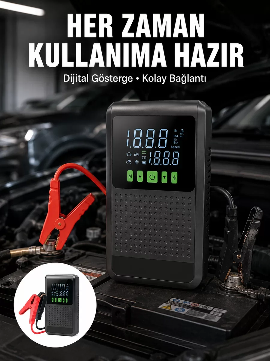 Güçlü Taşınabilir Araç Akü Şarj Cihazı ve 150 PSI Dijital Kompresör - Acil Durum İçin Yeni Nesil Çözüm