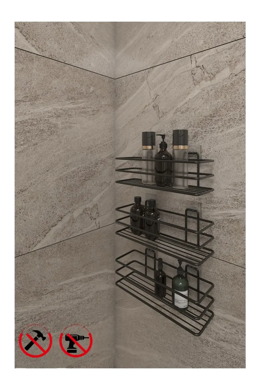 Güçlü Yapışkanlı 3 Adet 3 Katlı Banyo Mutfak Düzenleyici Rafı Mat