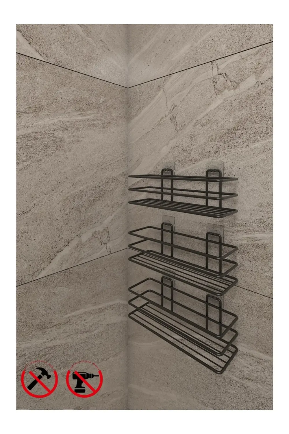 Güçlü Yapışkanlı 3 Adet 3 Katlı Banyo Mutfak Düzenleyici Rafı Mat