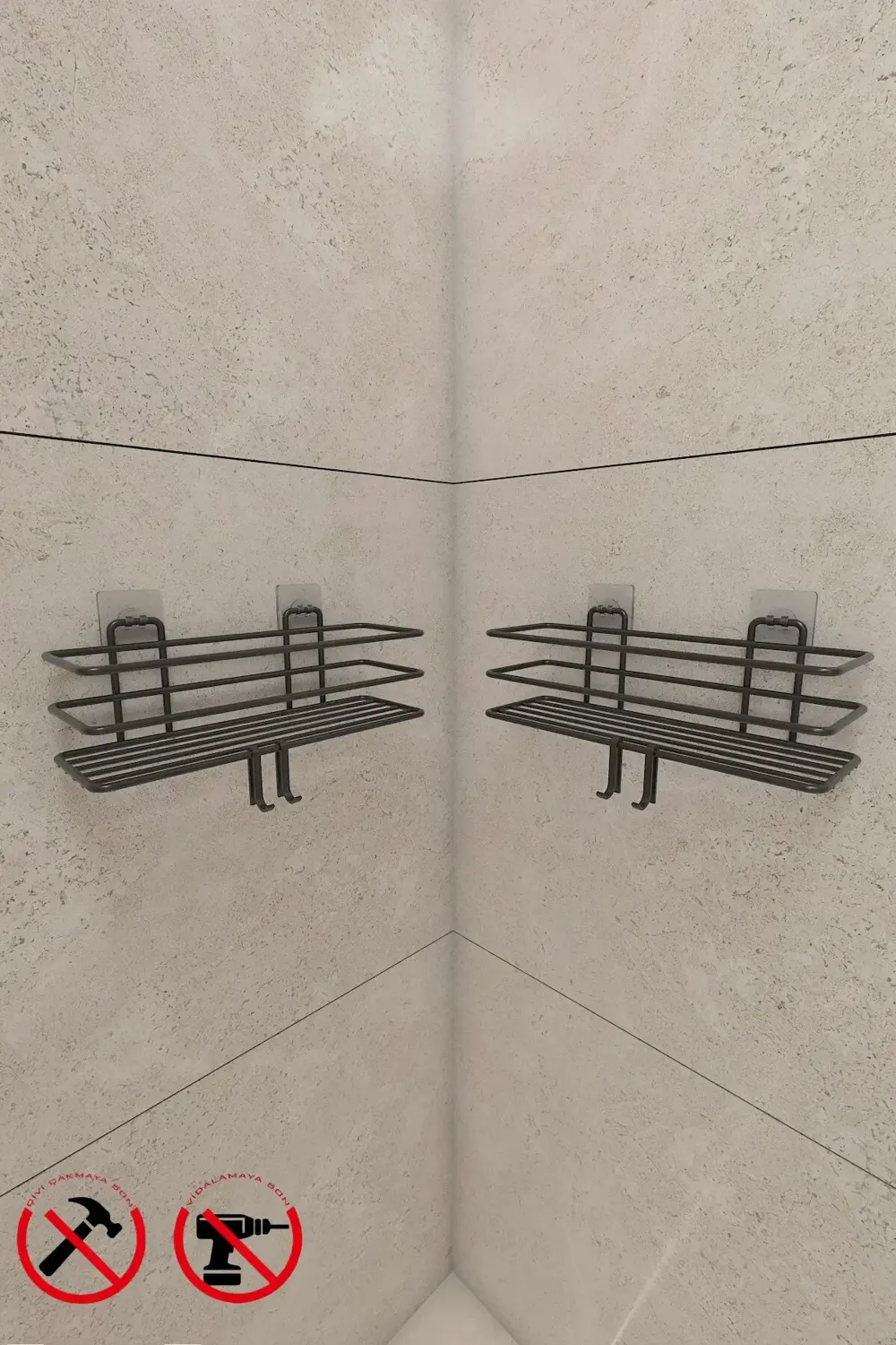 Güçlü Yapışkanlı Metal Kancalı Siyah Banyo Rafı 2 adet