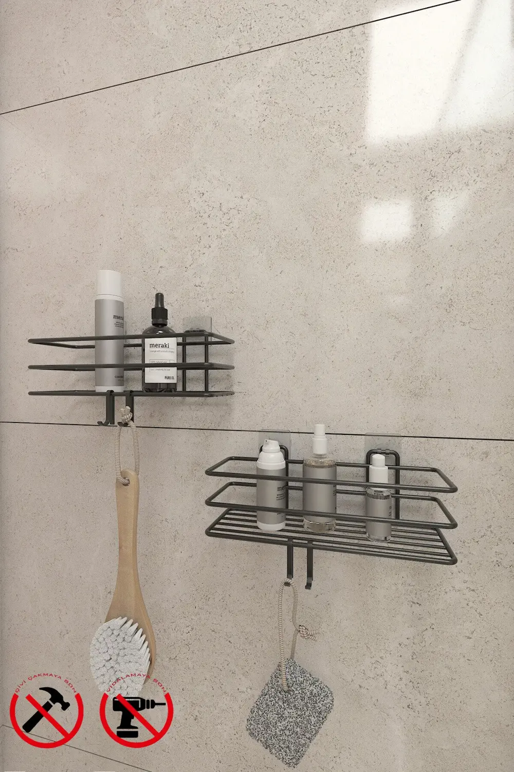 Güçlü Yapışkanlı Metal Kancalı Siyah Banyo Rafı 2 adet