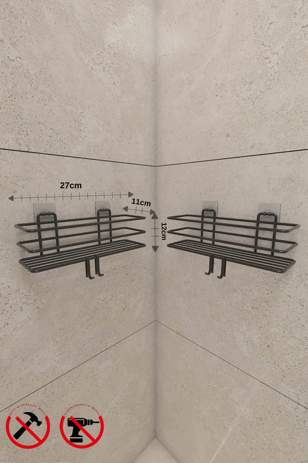Güçlü Yapışkanlı Metal Kancalı Siyah Banyo Rafı 2 adet