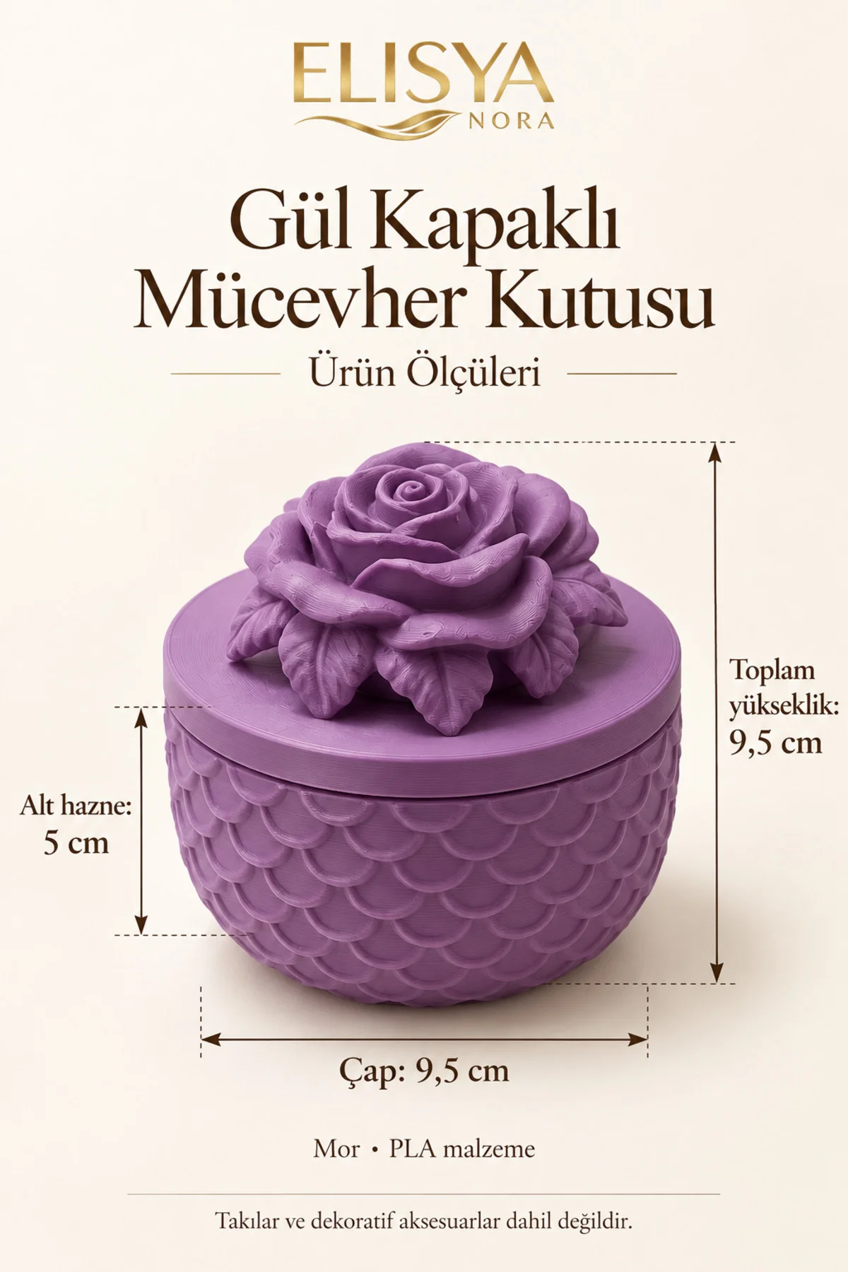 Gül Kapaklı Takı Kutusu Mor Dekoratif Mücevher Kutusu - Görsel 3