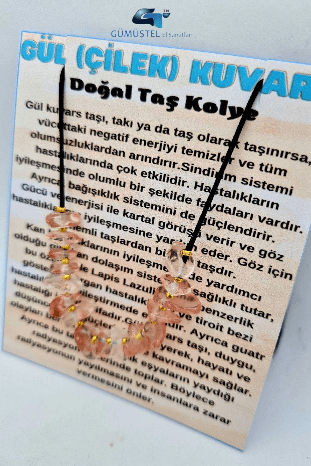 Gül Kuvars (çilek Kuvars) Taşı Tasarım Kolye Ayarlanabilir Orijin