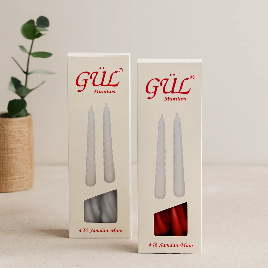 Gül Mum 17 cm 4'lü Set (Şamdan &amp; Burgulu, Beyaz ve Renkli)