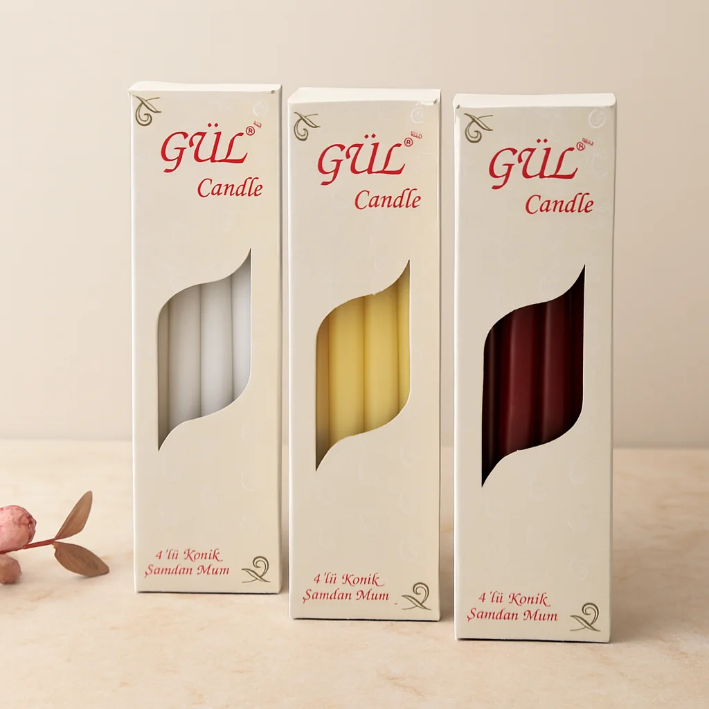 Gül Mum 4'lü Set 25 cm - Konik &amp; Düz (Beyaz &amp; Renkli)