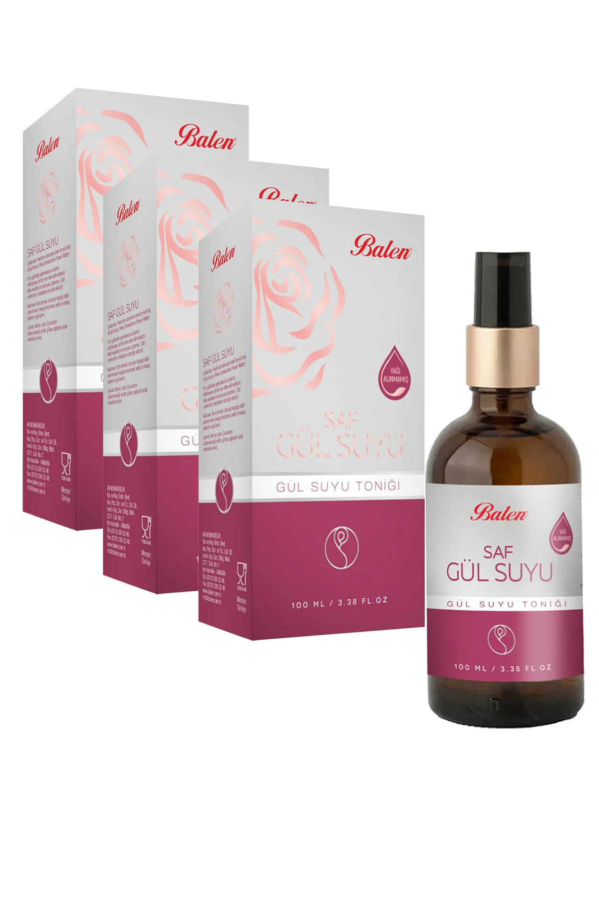 Gül Suyu 3 Kutu 100 ml.x 3 Ad. Saf Gül Suyu Pure Rose Water Gül Suyu Tonik Sprey Uçlu