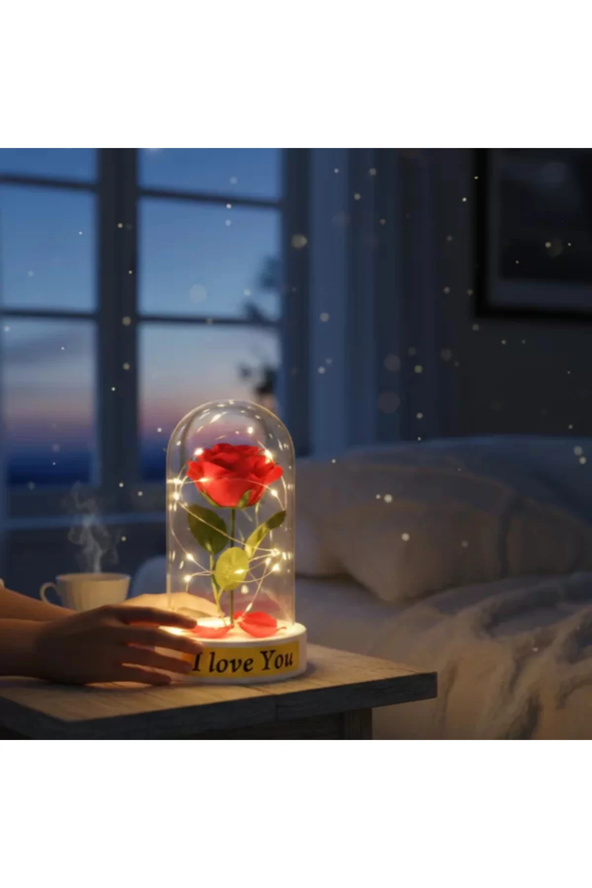 Gül Yapraklı Ledli Gül Fanus