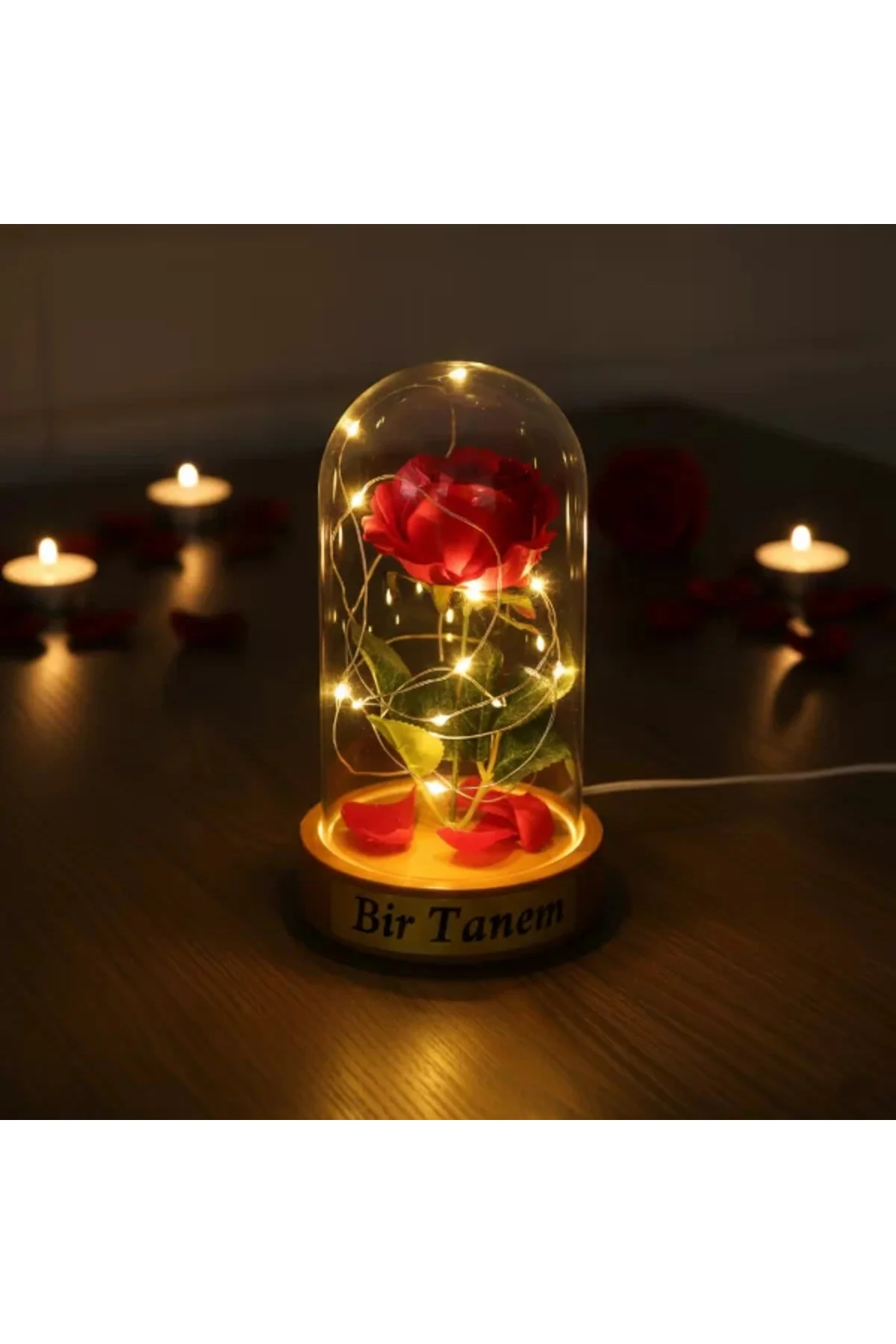 Gül Yapraklı Ledli Gül Fanus