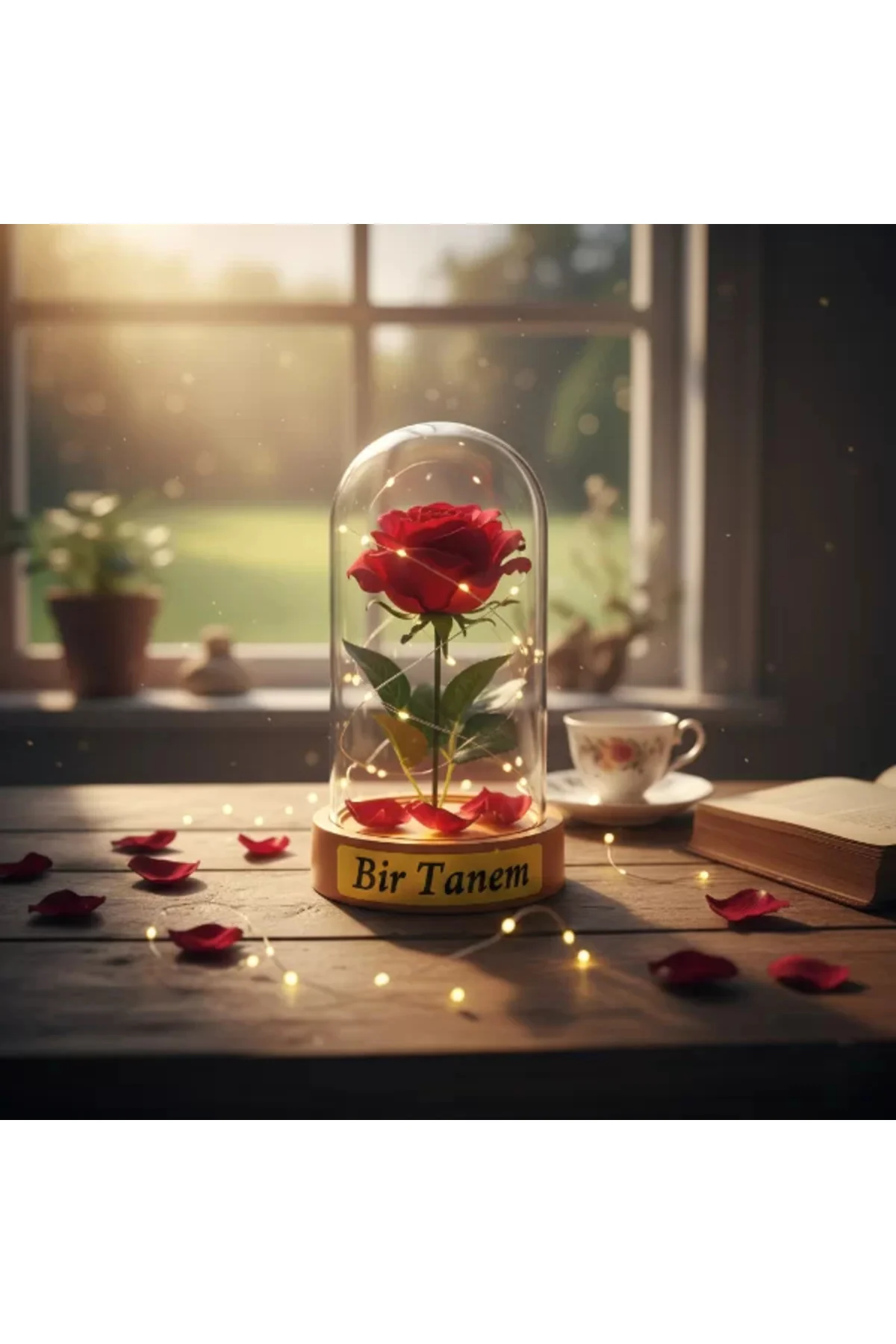 Gül Yapraklı Ledli Gül Fanus