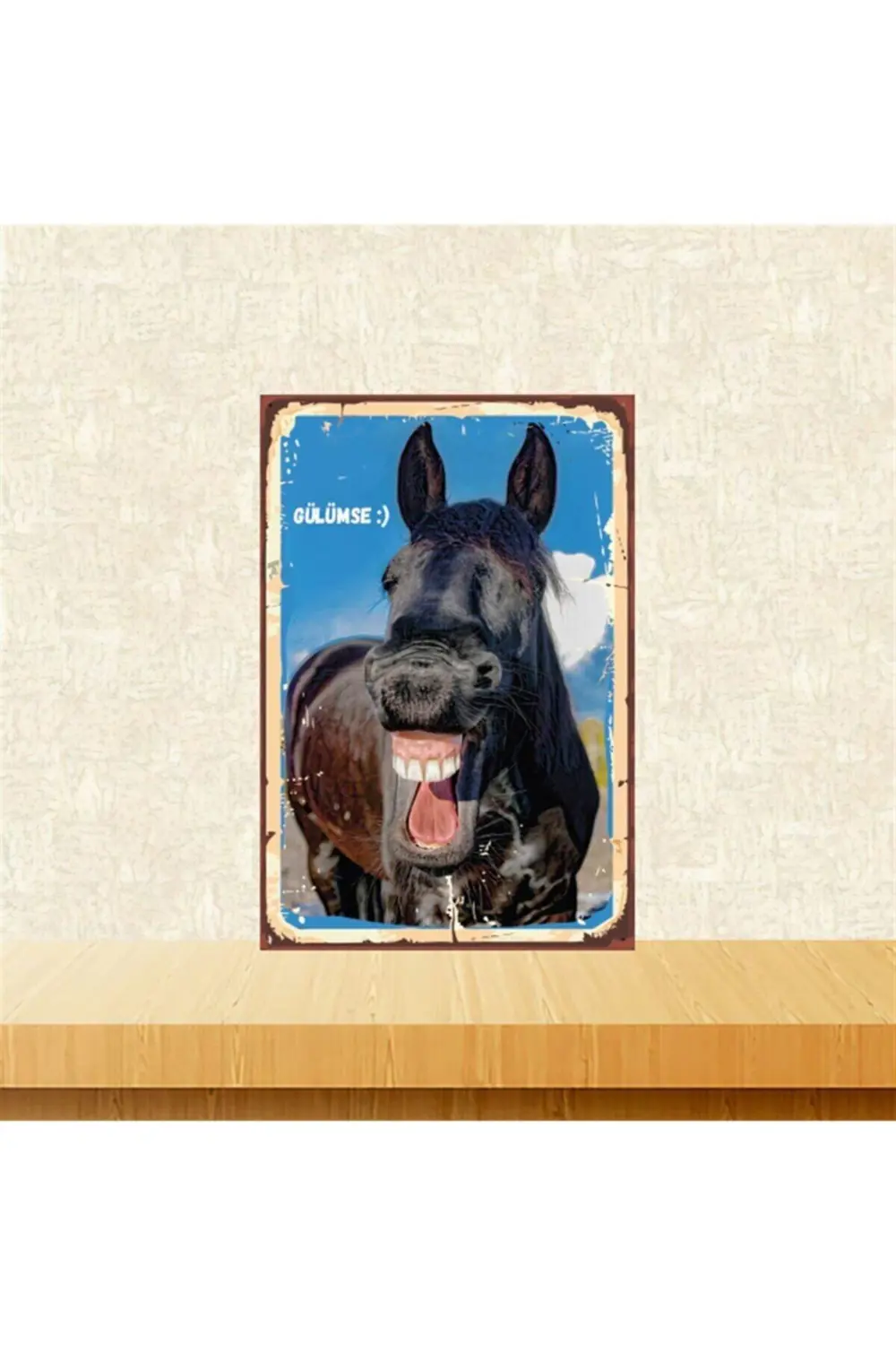 Gülen At Tasarımlı 20-30 Cm Retro Ahşap Poster Tkfx4345