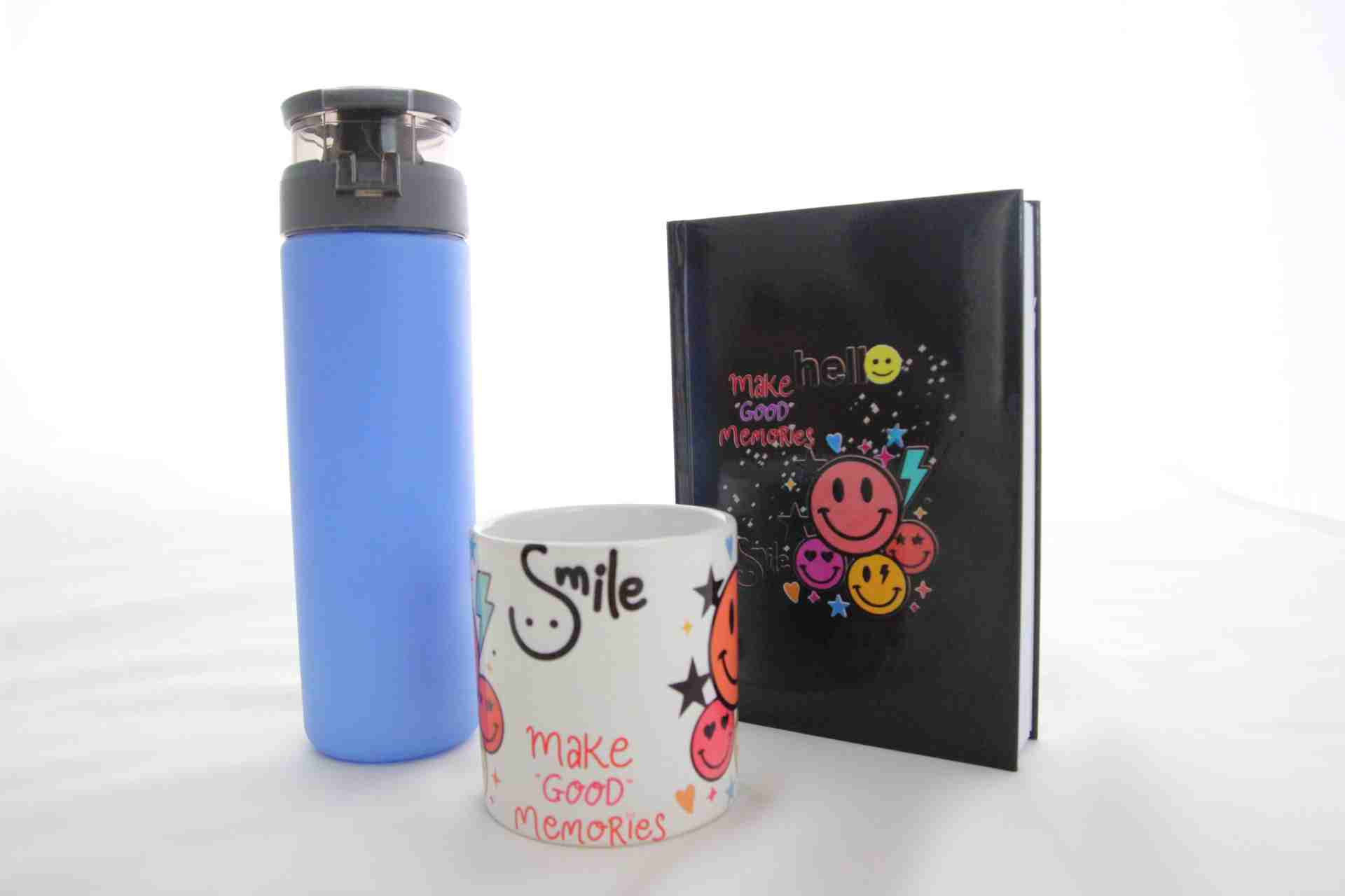 Gülümse Temalı Hediye Seti - Mavi Termos Smile Kupa Bardak ve Defter Hediye Kutusu