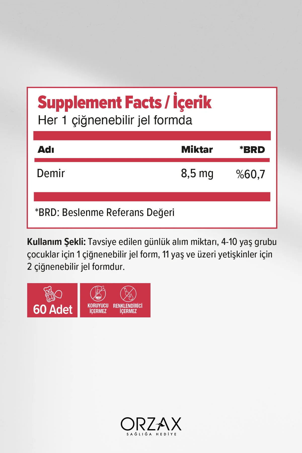 Gummies Iron Demir İçeren Takviye Edici Gıda 60 Çiğnenebilir Jel Form