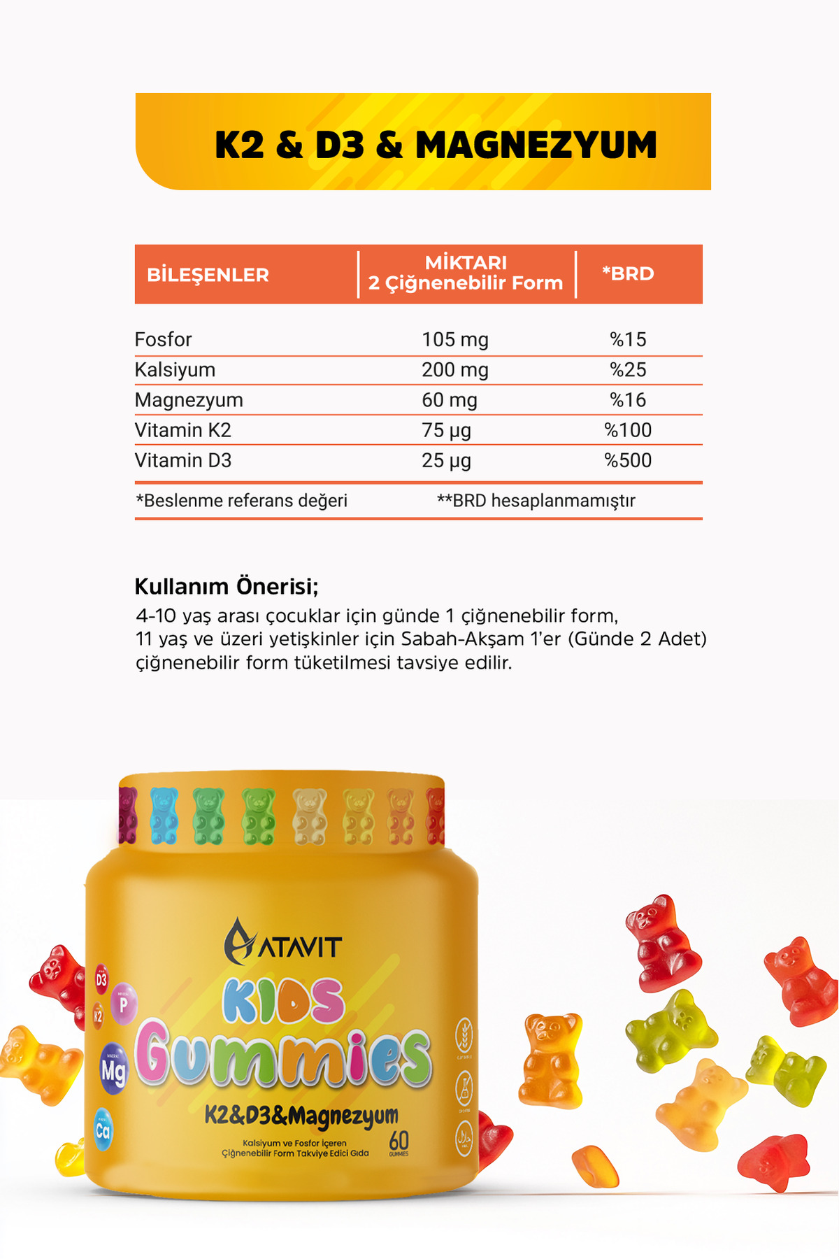Gummies K2&D3 Magnezyum KIDS 60 Çiğnenebilir Form